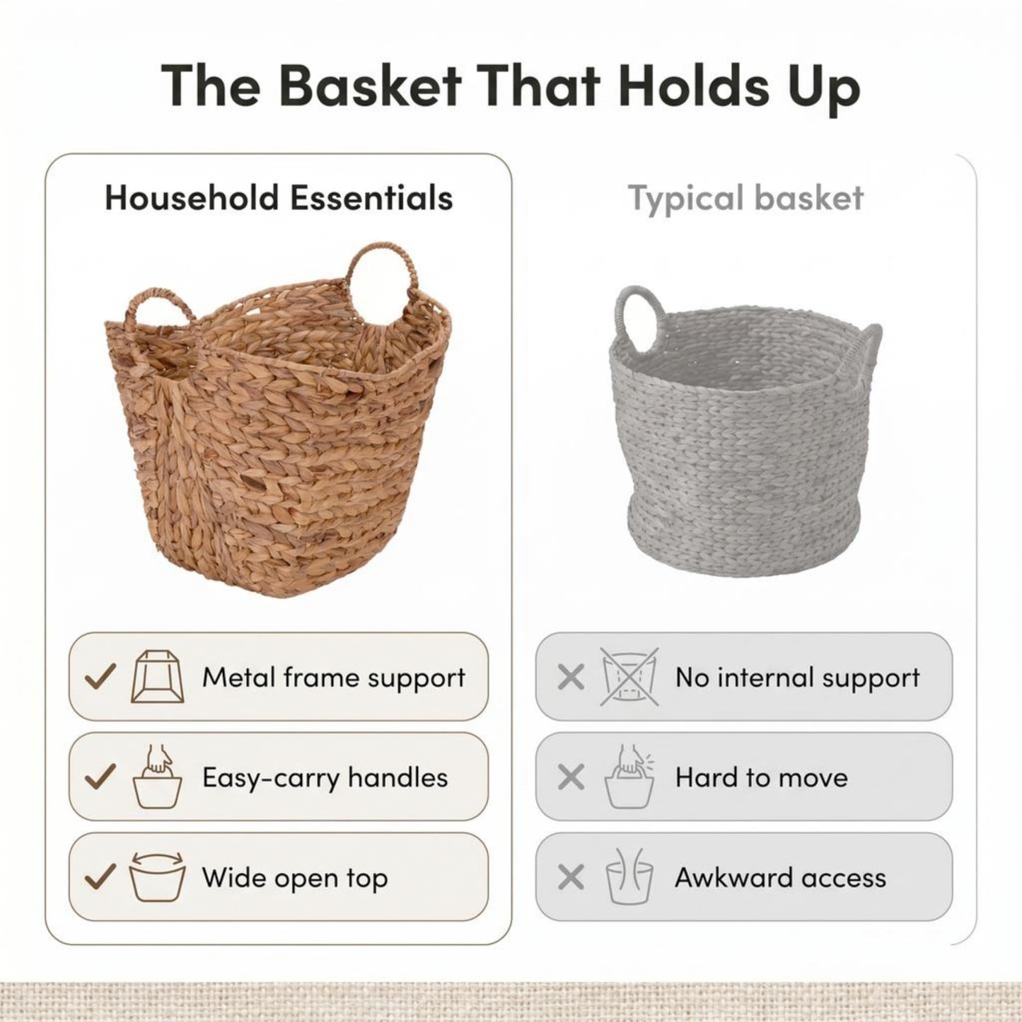 Household Essentials ML-4002 Tall Water Hyacinth Wicker Basket with Handles | Natural, Brown, Natural