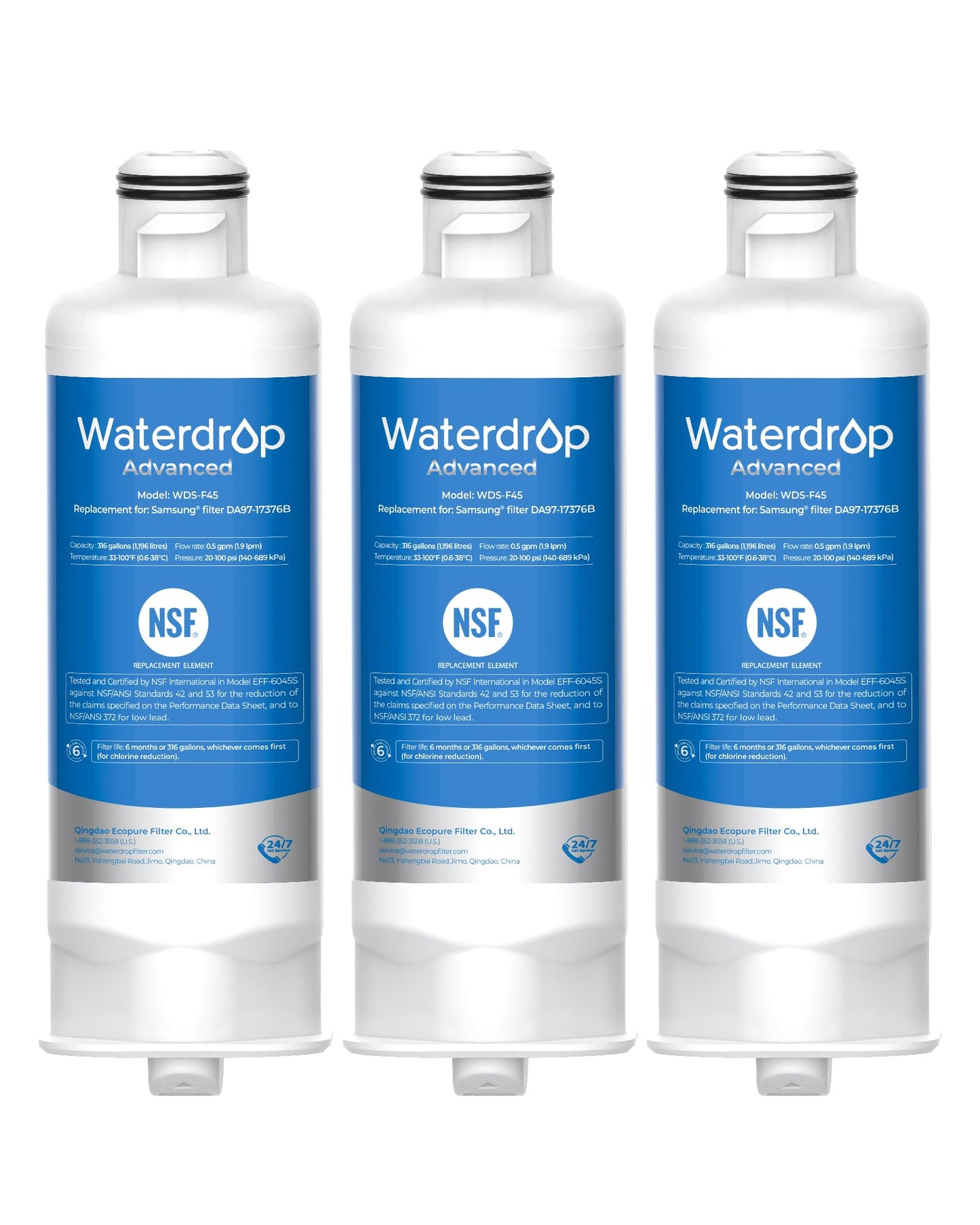 Waterdrop WDS-F45 Replacement for Samsung® DA97-17376B, HAF-QIN/EXP, DA97-08006C, RF28R7351SG, RF23M8570SR, NSF 53&42 Certified Refrigerator Water Filter, 3 Pack (Packaging May Vary)