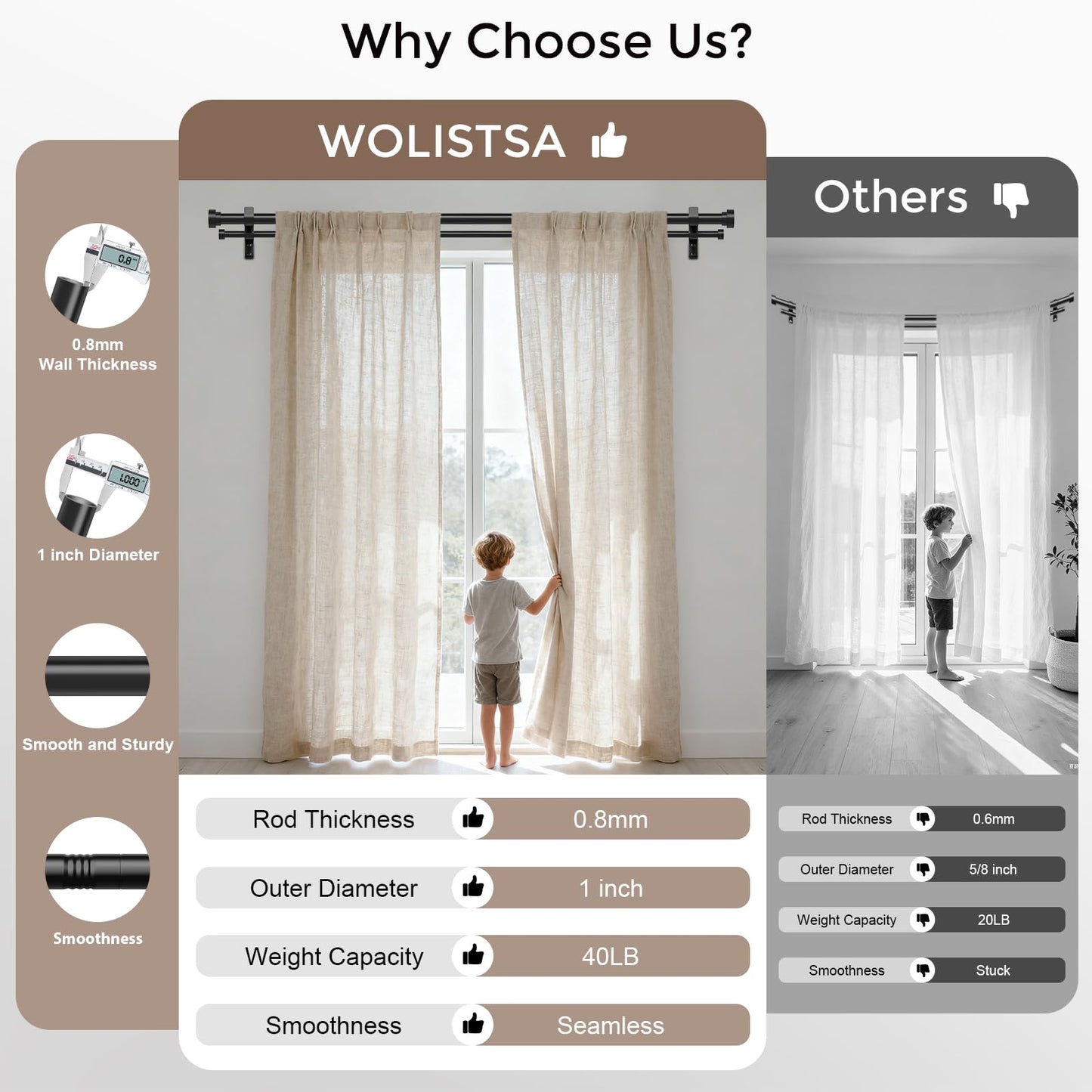 Double Curtain Rod, 1 Inch Black Extra Long Dual Curtain Rods 72 to 144 Inch with Aluminium Modern End Cap Finial, Adjustable Heavy Duty Window Treatment Rods, Telescopic Metal Double Drapery Pole Set