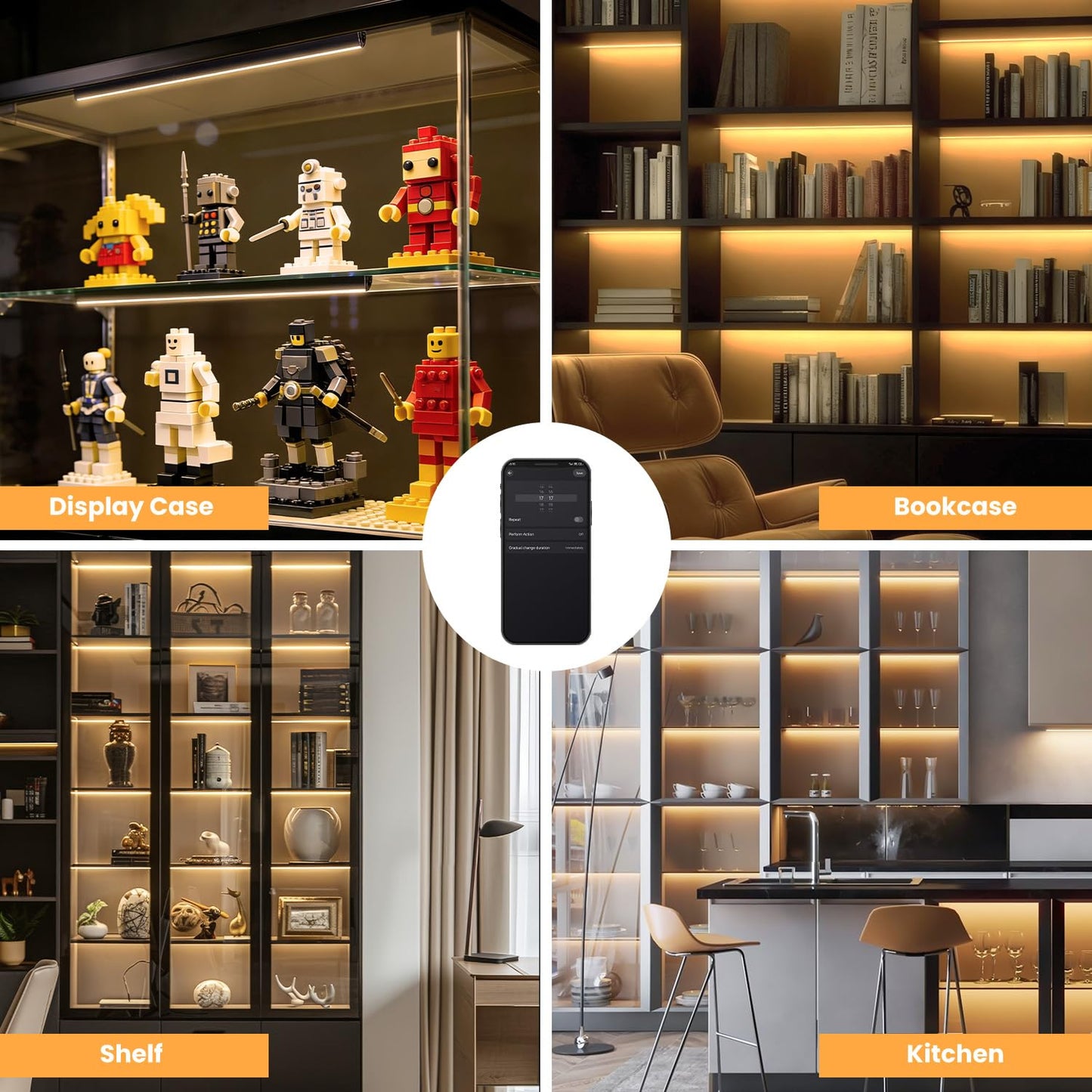 Lumtide Black Shelf Lights, LED Bookcase Lighting Compatible with Alexa, WiFi Dimmable 2700K Under Shelf Lighting for Bookshelf, Display Case, Cabinets with App, Remote, Memory Function (4Pack 12In)