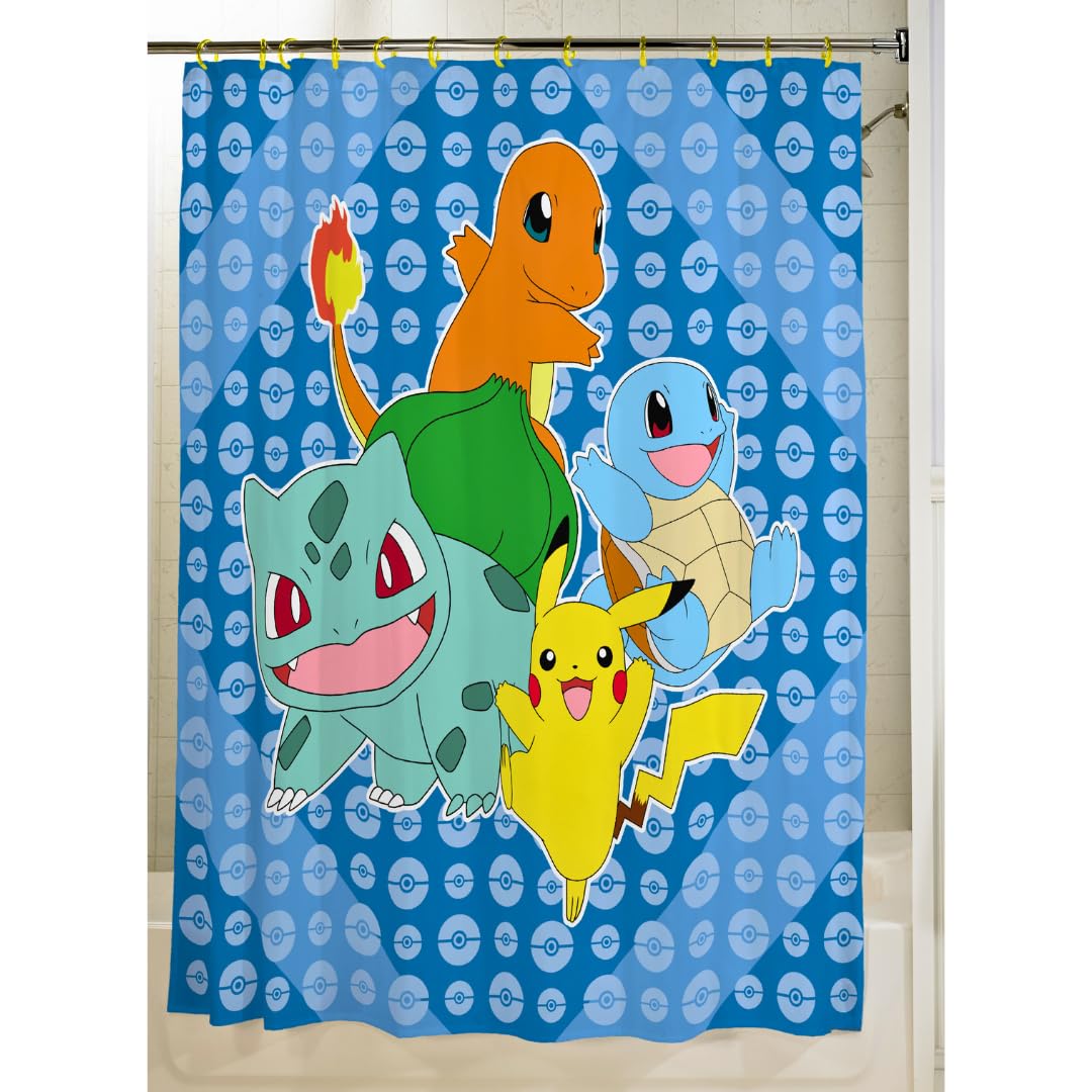 Pokemon Anime 13-Piece Shower Curtain Set, 72 x 72 Inch Fabric Curtain with Hooks, Bathroom Decor, Machine Washable, (100% Officially Licensed Product) by Franco Collectibles