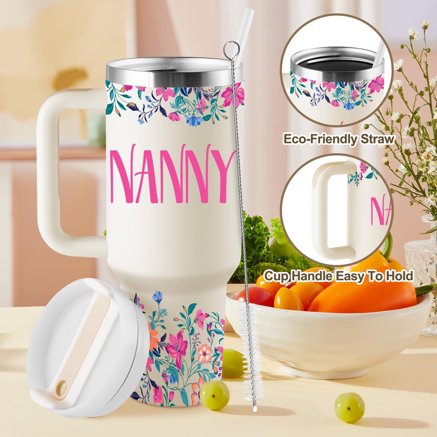 ROSTANTEN Nanny Gifts for Nanny Gifts for Grandma from Grandkids for Birthday Mothers Day Christmas 40oz Travel Cup Insulated Tumbler with Lid & Straw
