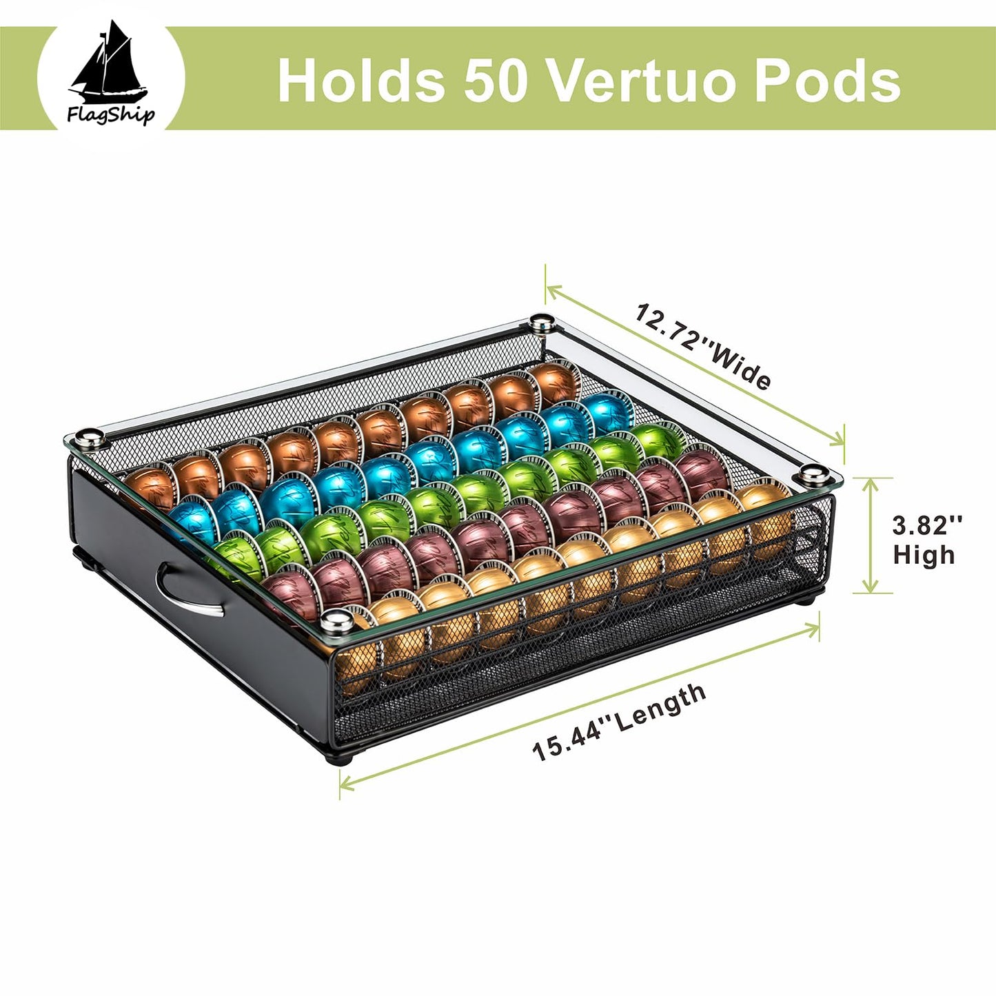 FlagShip for Nespresso Pod Holder Coffee Pod Storage for Vertuo Pod with Crystal Tempered Glass Top(50 Pods Capacity)