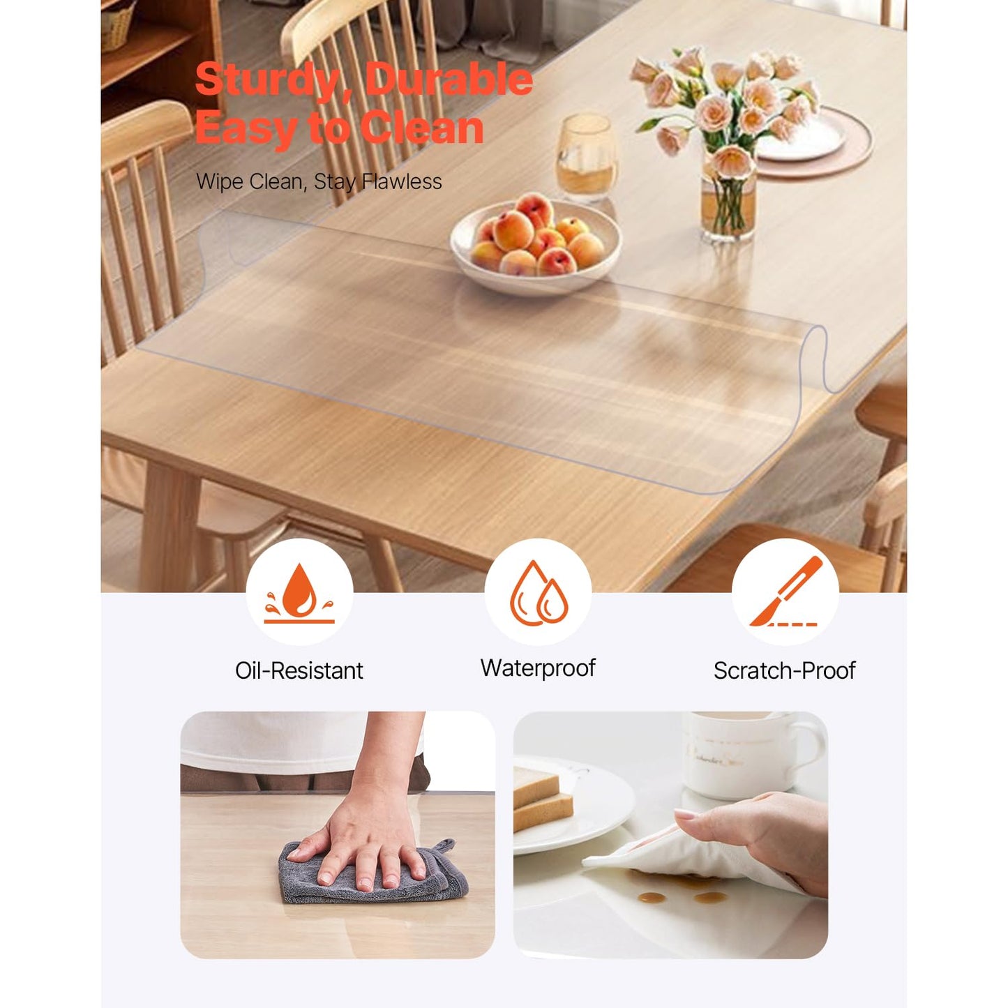 VEVOR Clear Table Cover Protector, 1.5mm Thick 36 x 72 in PVC Plastic Tablecloth, Waterproof & Oil Spill Proof, Customizable Rectangle Table Cover for Writing Desk, Coffee Table, Dining Room Table