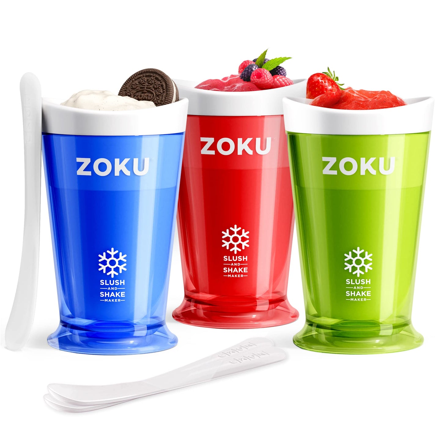 ZOKU Original Slush and Shake Maker, Slushy Cup 3 Pack for Quick Frozen Homemade Single-Serving Slushies, Fruit Smoothies, and Milkshakes in Minutes, Blue/Red/Green Set of 3