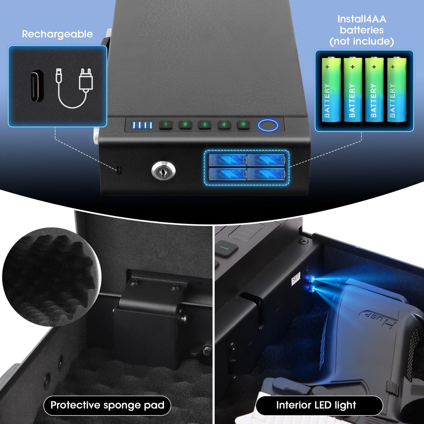 Biometric Fingerprint Gun Safe for Handgun, 3 Quick Access Methods, with Fingerprint/Digital PIN/key, suitable for bedside cabinets, wardrobes, and handgun safes in cars