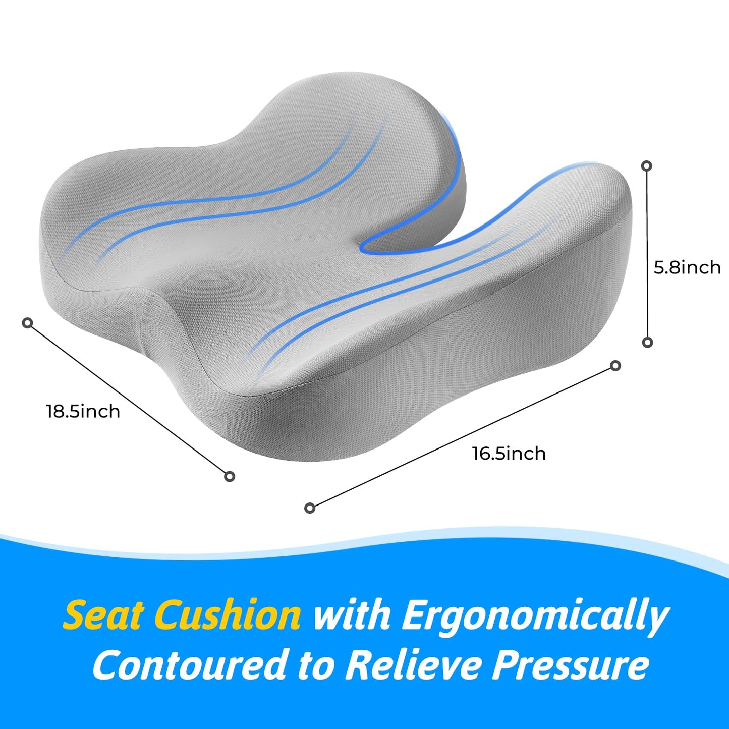 Seat Cushion for Tailbone & Sciatica Pain Relief - Plush Yet Supportive Ergonomic Memory Foam Chair Cushions for Office Chair, Car, Wheelchair,Airplane & Long Sitting(Light Gray)