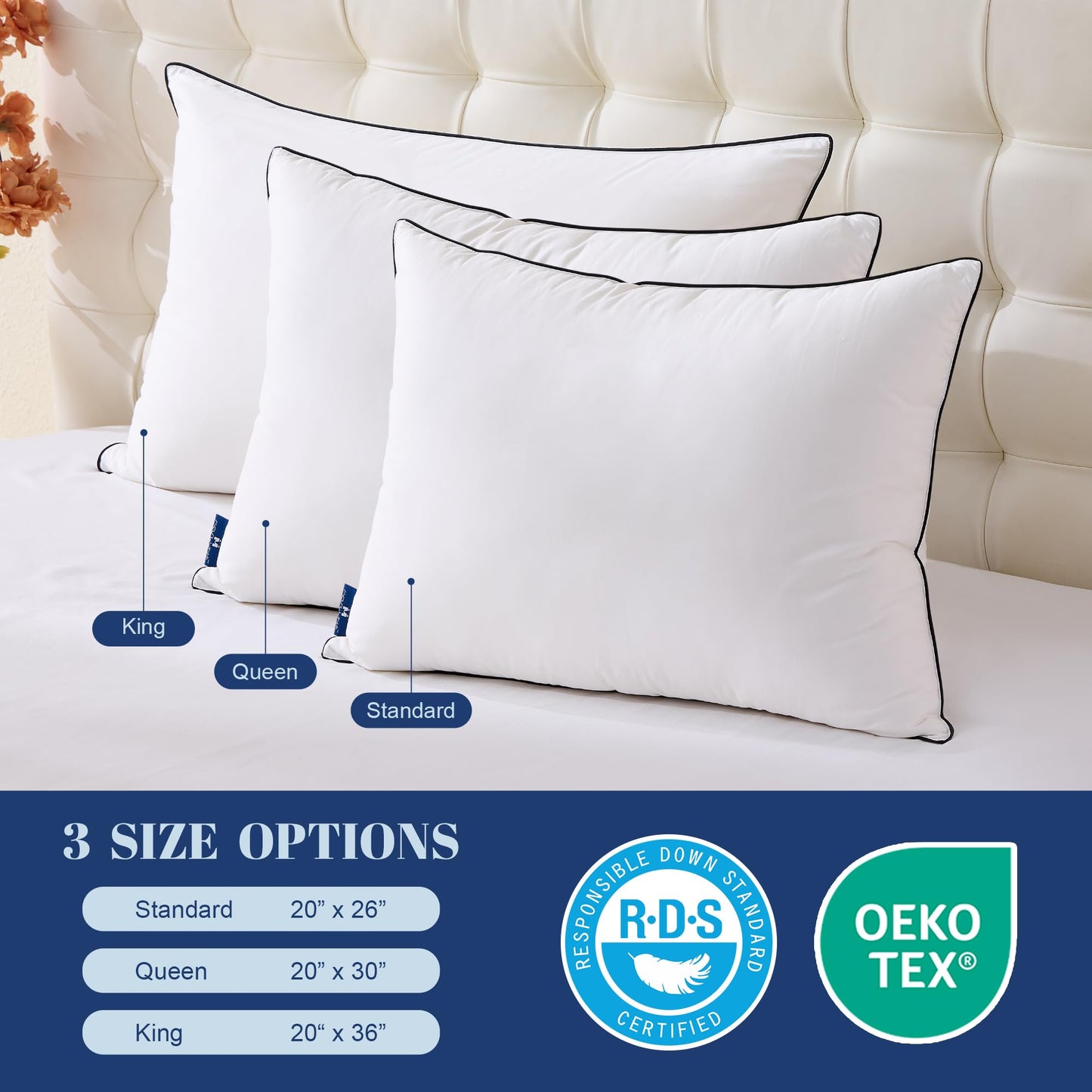 Mosluna Feather Down Pillows Queen Size Set of 2, Luxury Hotel Collection Bed Pillow 2 Pack, Airyfil™ Powered Fillings & Feathers Pillow，Fluffy Plush for Side Sleepers, Medium Firm, 20x30 in.