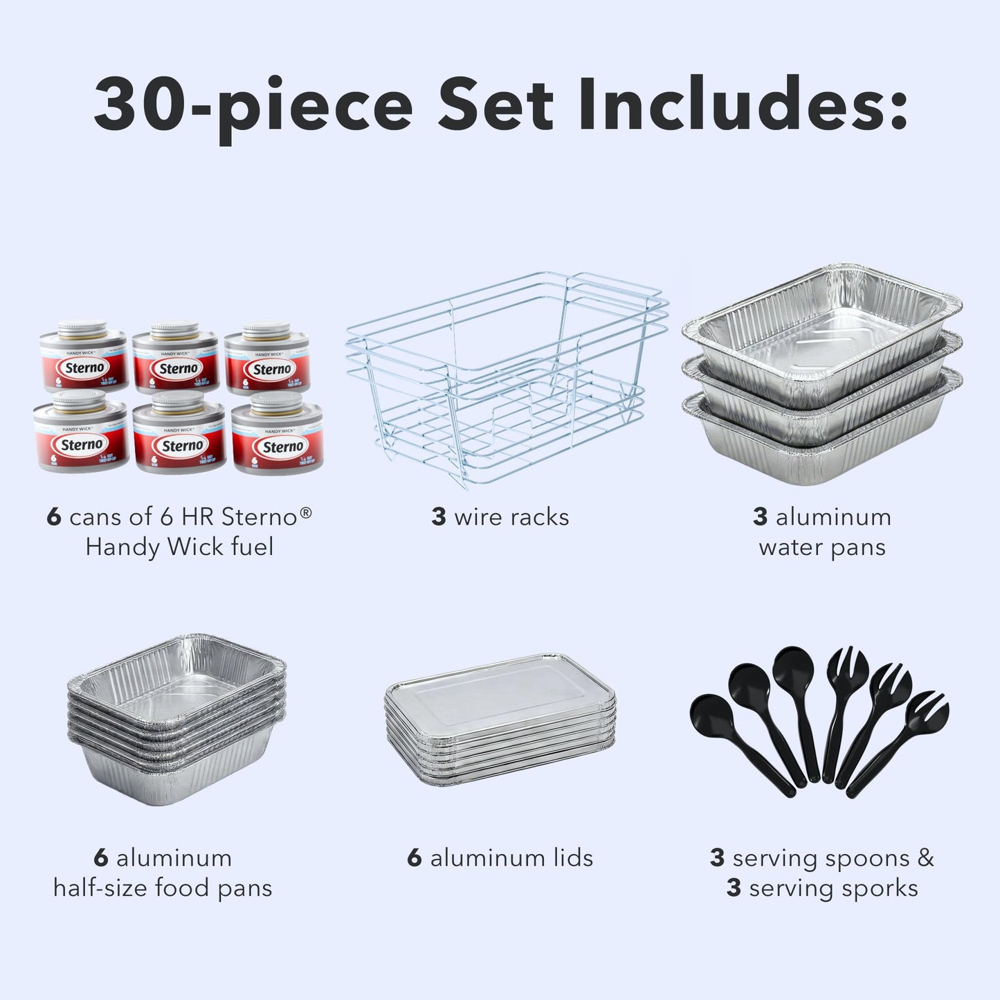 Sterno Disposable Chafing Dish Buffet Set, 6-Hour Food Warmers for Parties, Catering Supplies, Complete Buffet Set, Warming Trays (30pcs)