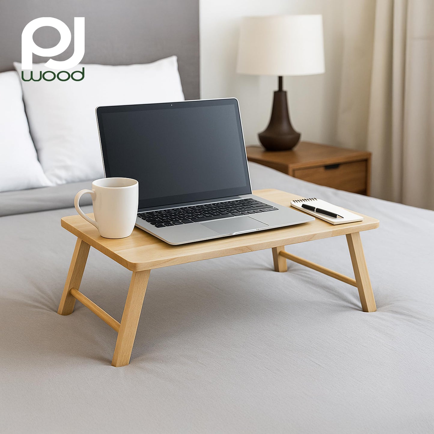 PJ Wood Folding Laptop Desk Tray, Lightweight Portable Table for Bed or Couch Computer Work, Eating at Home, Small Spaces, 24 Inch, Natural