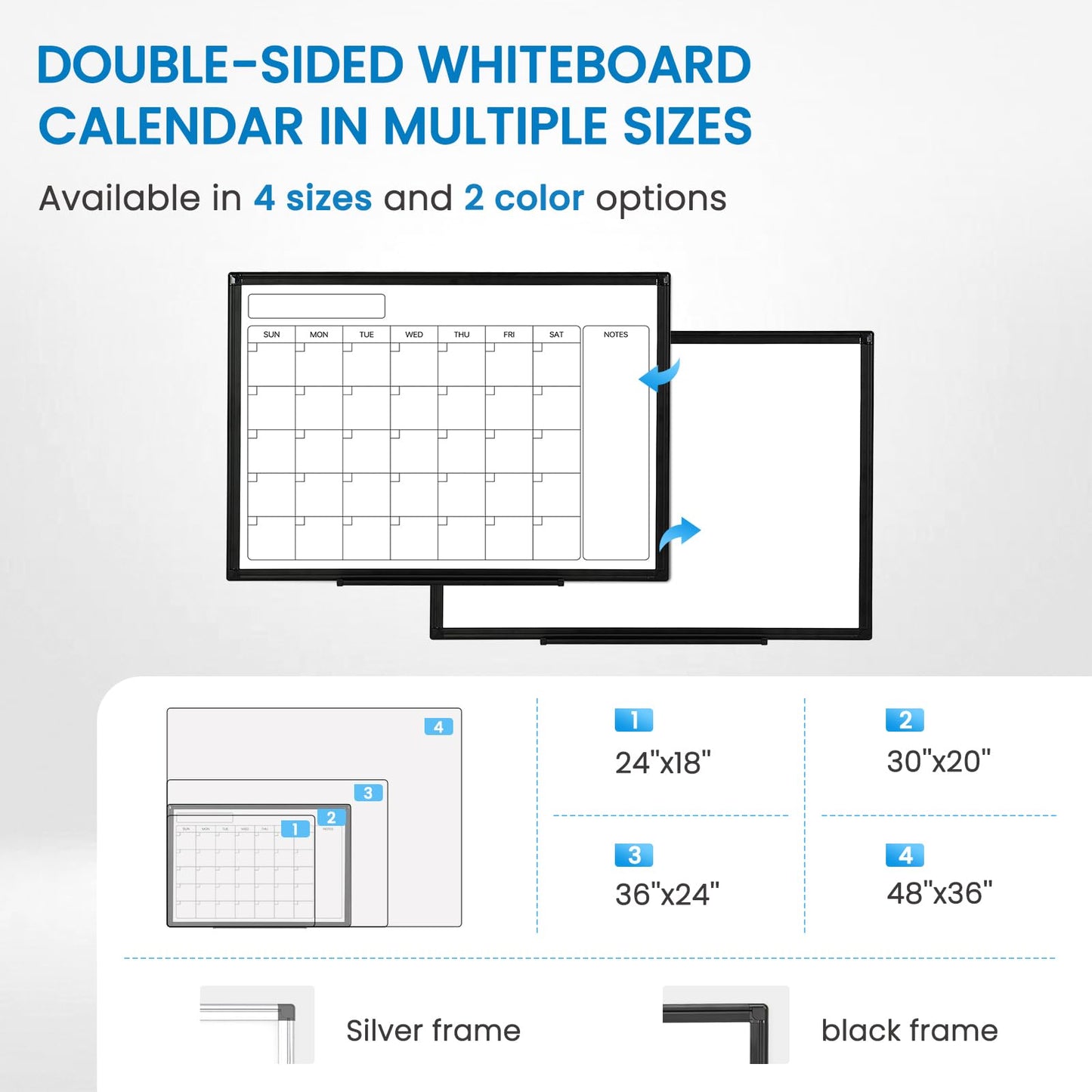 Monthly Calendar Dry Erase Whiteboard, 24" x 18" Magnetic Calendar White Board, Double-Sided Portable Board with Black Aluminium Frame for Office, Kitchen, School, Home