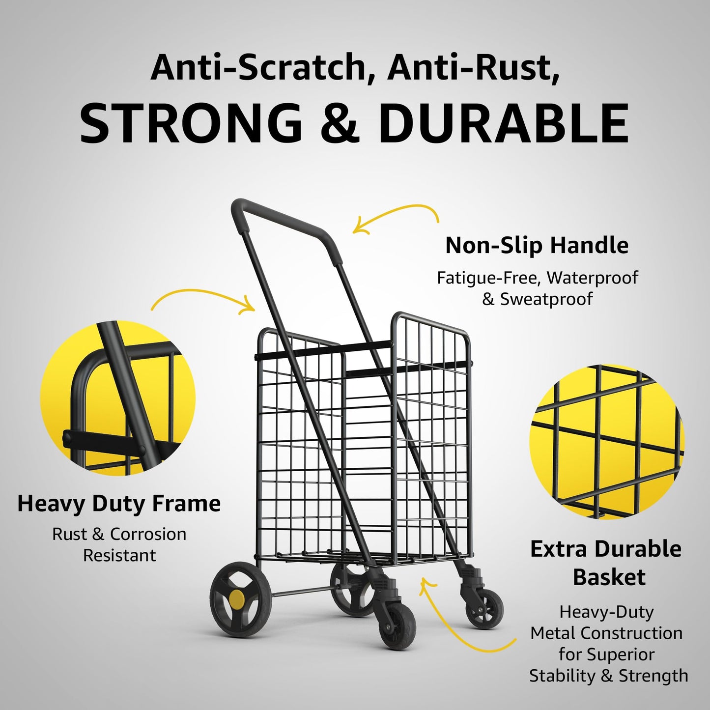 Our Modern Space Shopping Cart & 360° Swivel Wheels | Foldable Collapsible & Lightweight | Perfect for Groceries Laundry Utility Cart - Black