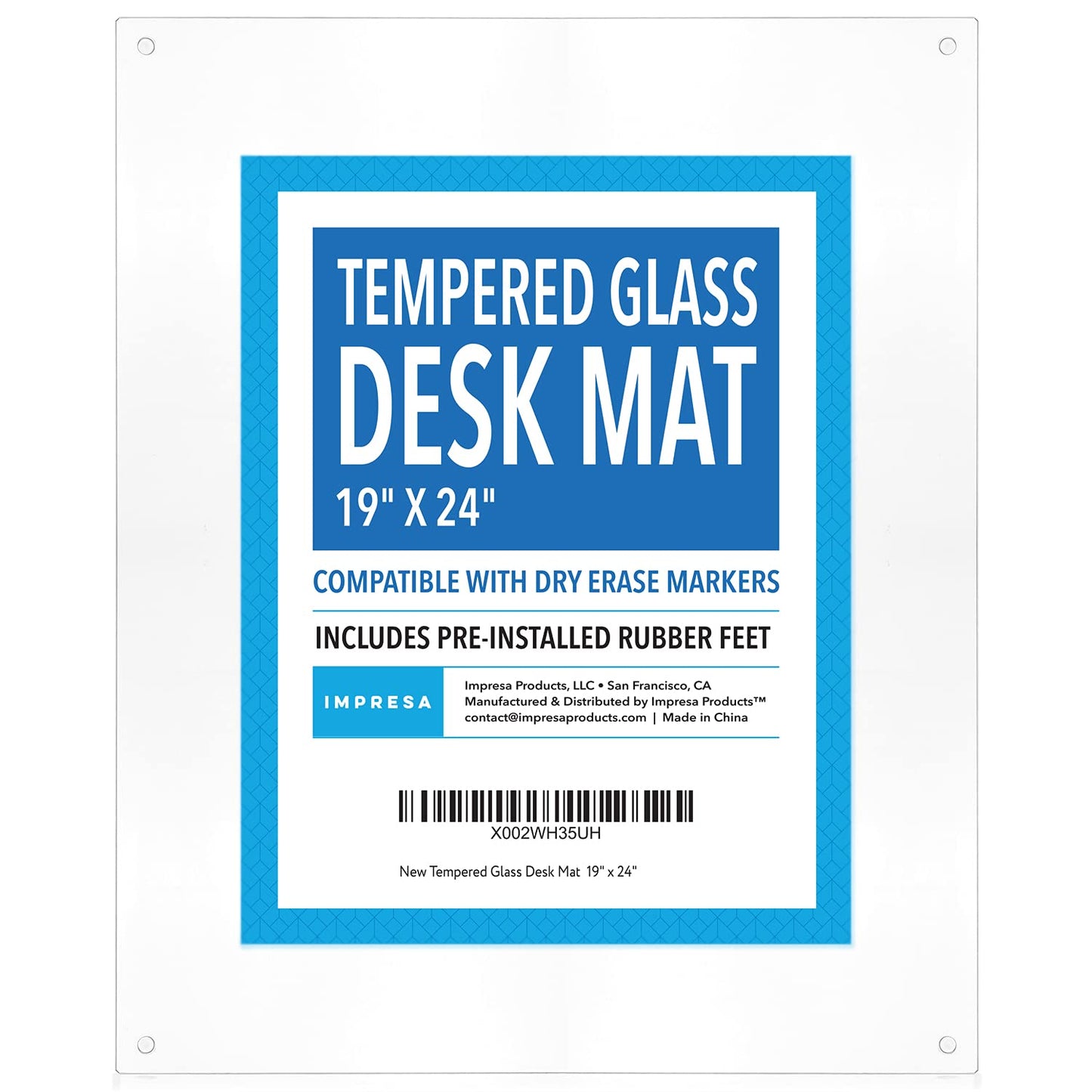 IMPRESA Clear Tempered Glass Desk Mat - 19 x 24 in, Clear - Table Protector & Desktop Mat for Office Accessories with Dry-Erase Surface & Preinstalled Rubber Feet