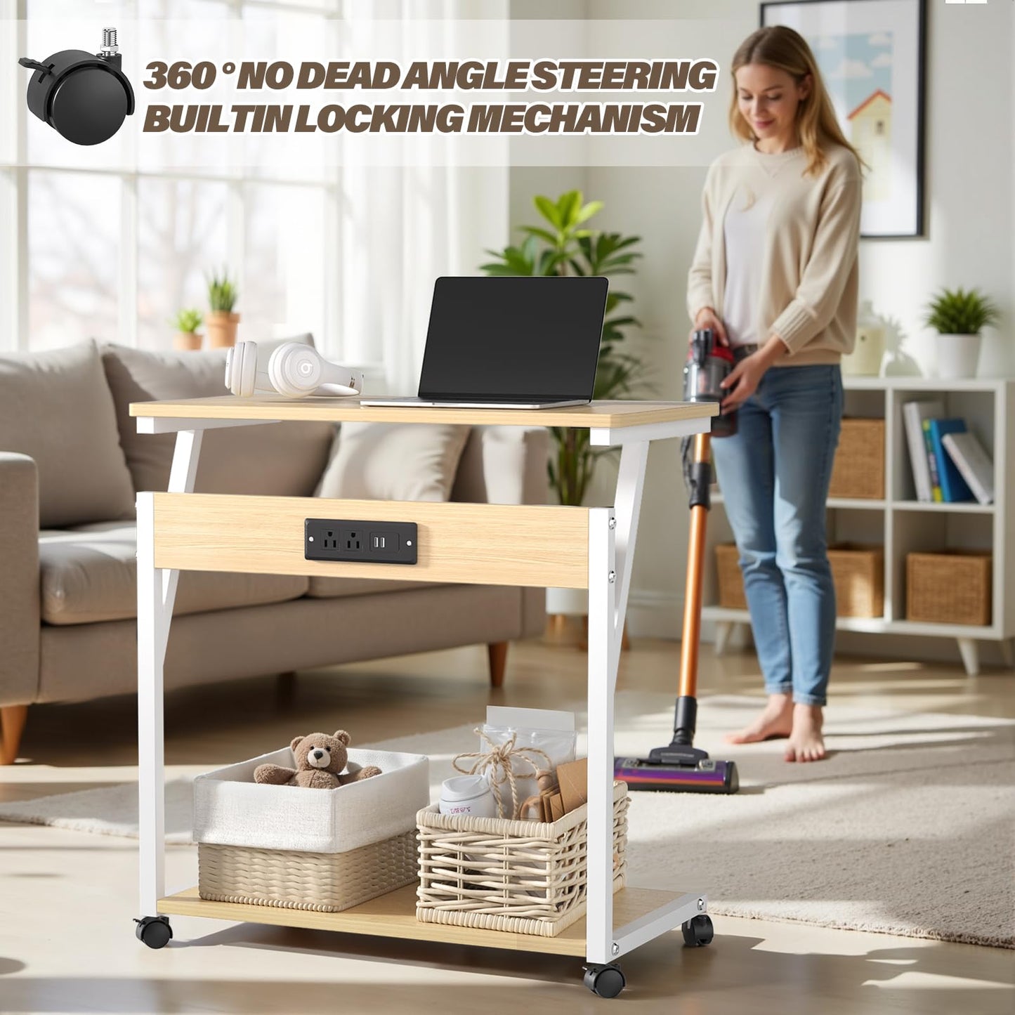 FANXIYQ Computer Tower Stand with 360° Locking Casters, 5 Height Adjustable Mobile CPU Cart, Under Desk PC Holder for Gaming Desktop, Home Office Organization, White