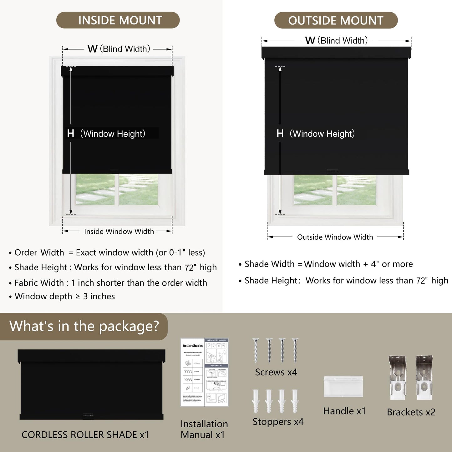 SUNOFF Cordless Blackout Roller Shades Blinds for Windows Free-Stop,Pull Down Room Darkening with Valance,Thermal Insulated Woven Fabric Window Door Blinds for Home,Office,Black 34" W x 72" H