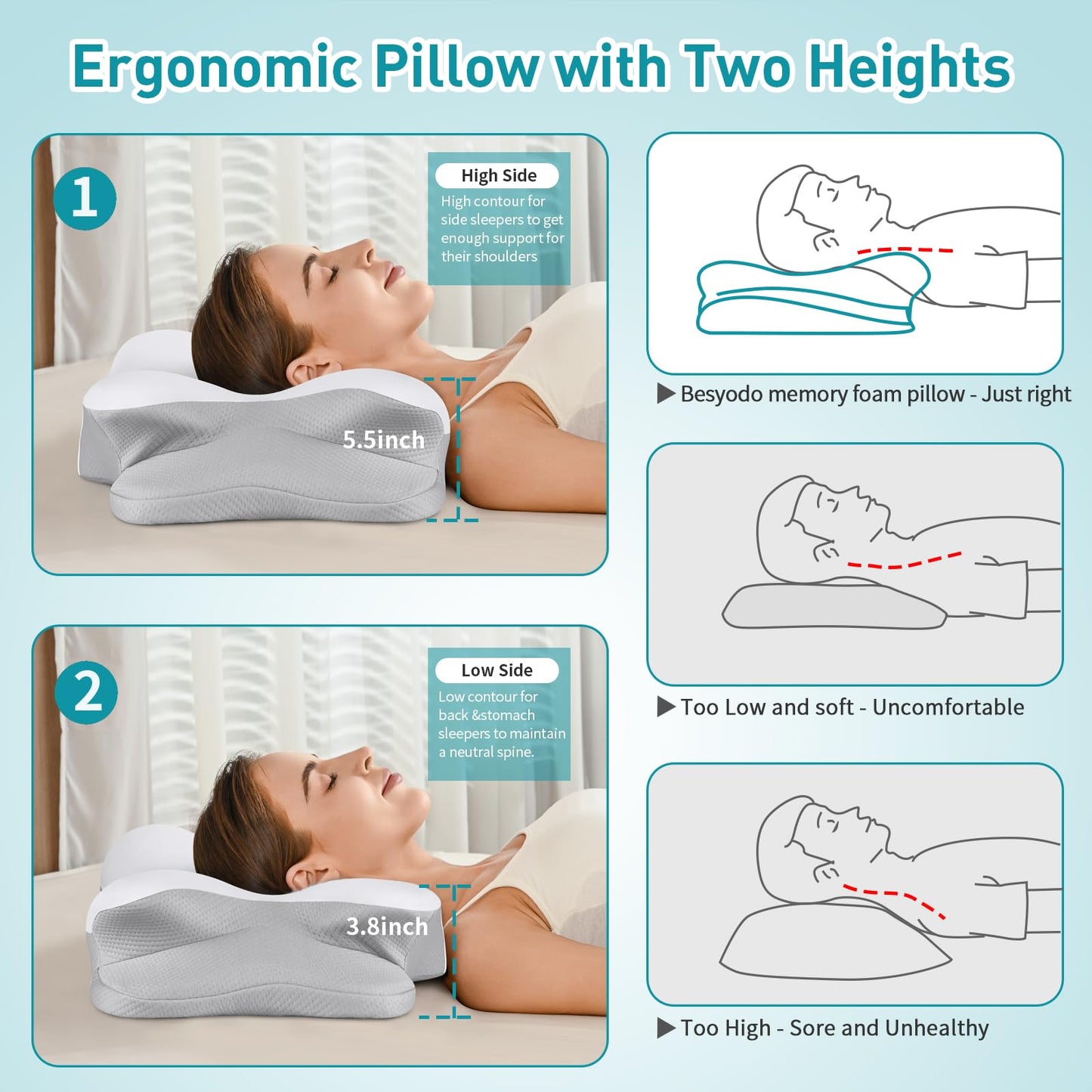 Cervical Neck Pillow for Pain Relief - Ergonomic Side Sleeper Pillow for Neck Support, Contour Pillow for Bed Sleeping, Cooling Memory Foam Pillows Orthopedic Pillow for Back Stomach Sleepers