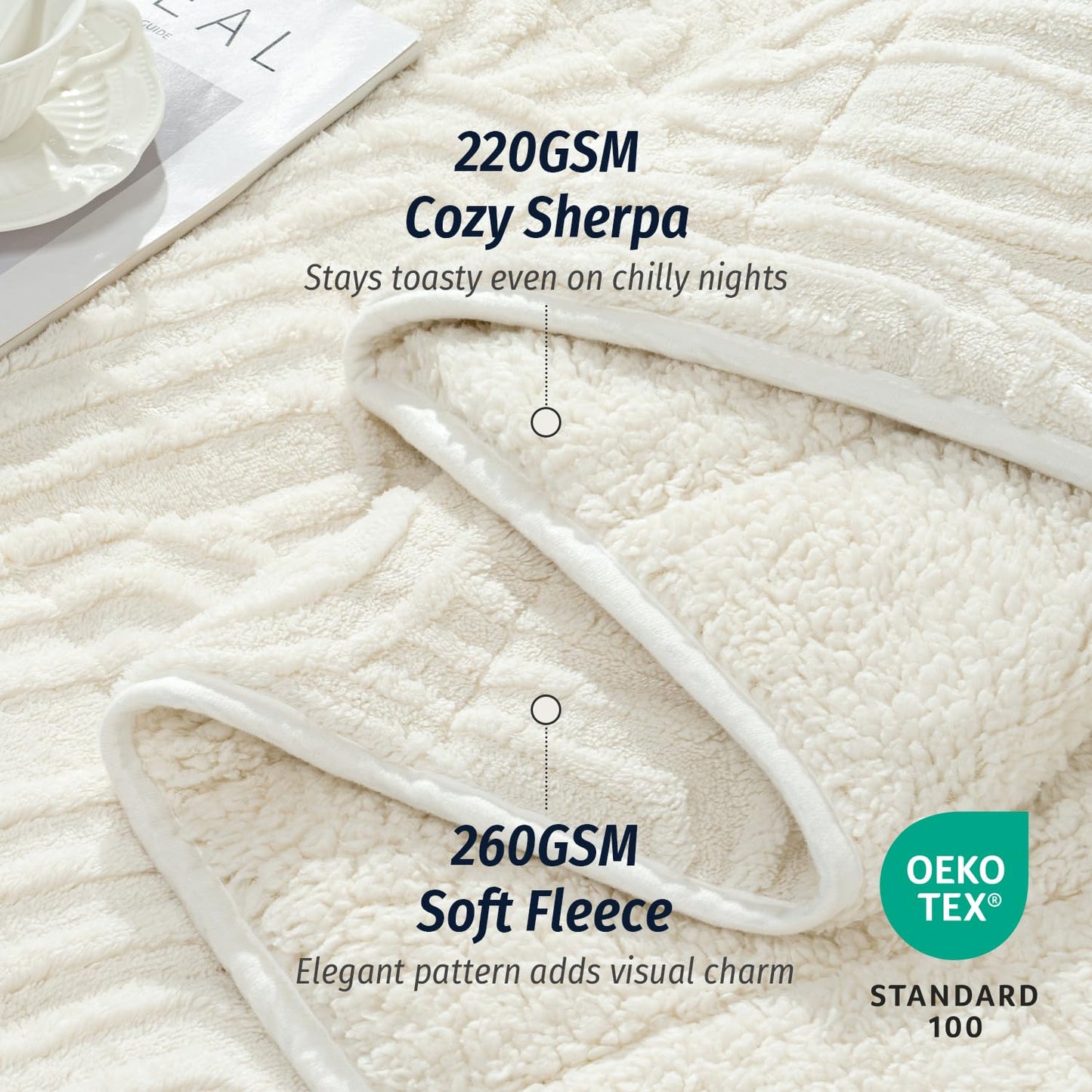 Wemore Jacquard Fleece Weighted Blanket Queen Size 60" x 80" 15lbs, Ultra Soft Cozy Sherpa Weighted Blankets for Adults, Ultra Fuzzy Heavy Blanket for Sleep, Fluffy Warm Throw for Bed, Cream White