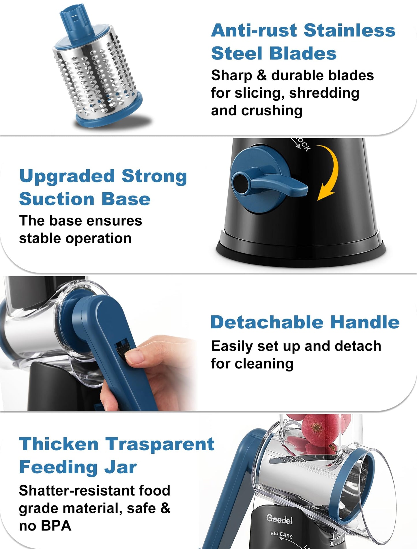 Geedel Rotary Cheese Grater Cheese Shredder - Upgraded 5-in-1 Cheese Grater with Handle and Strong Suction Base, Multi-purpose Vegetable Slicer Ice Shaver Nuts Grinder for Cheese, Vegetables, Ice