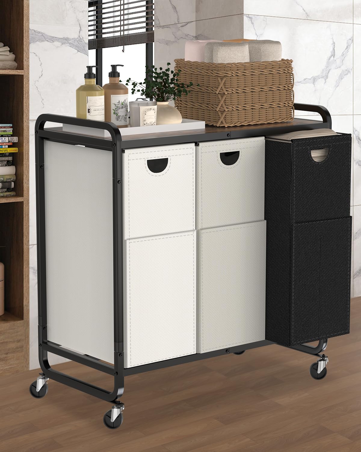 Laundry Sorter 3 Section,Laundry Basket with Wheels,3×15.8 Gal (60L) Laundry Hamper Organizer with Large Wooden Desktop Sorter,Pull-Out and Removable 900D Oxford Fabric Laundry Bags for Laundry Room
