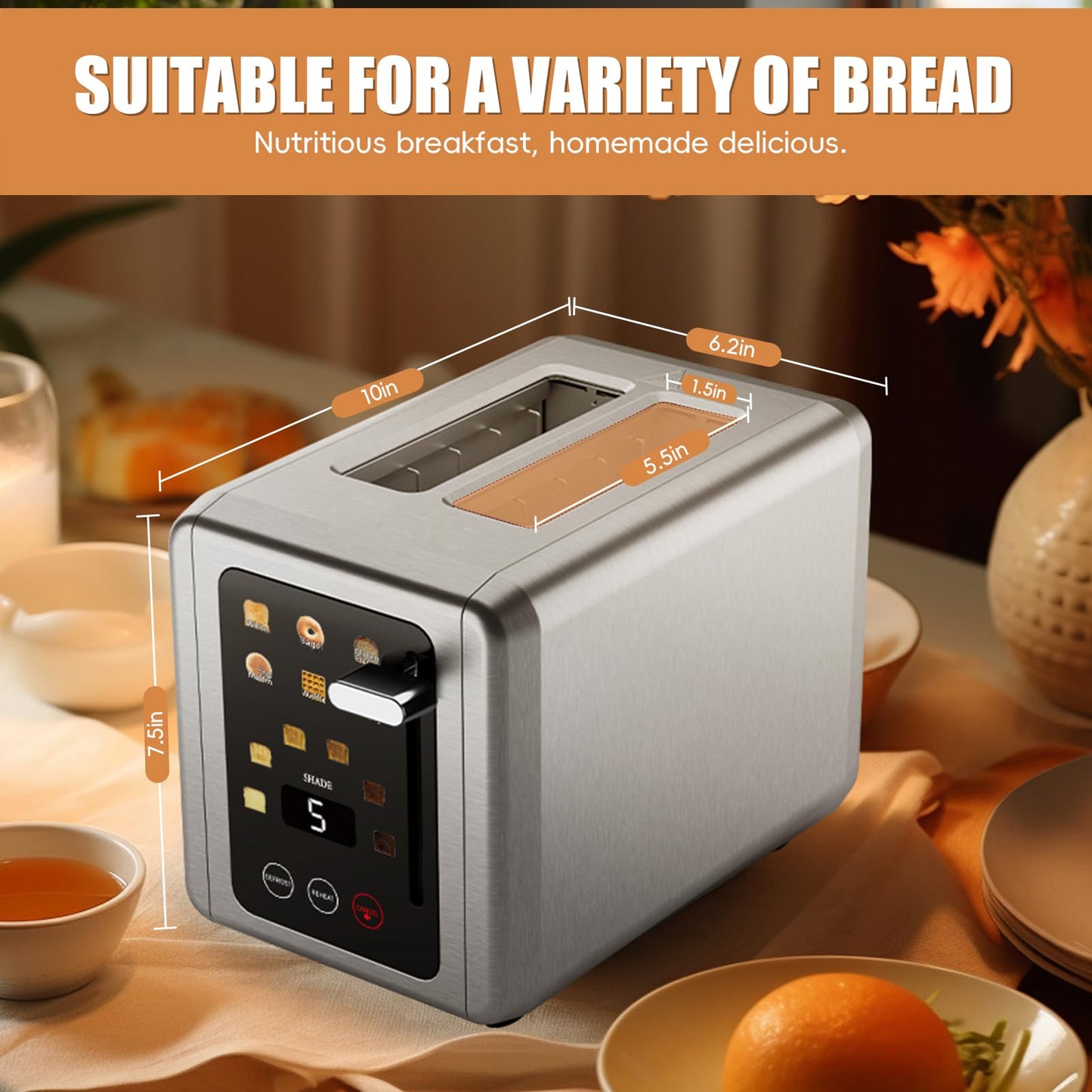 WUNLY Touch screen Toasters 2 slice, Stainless Steel Digital Timer Toaster with Sound Function, 6 Bread Types & 6 Shade Settings, Smart Extra Wide Slots Toaster with Bagel, Defrost Functions,Platinum