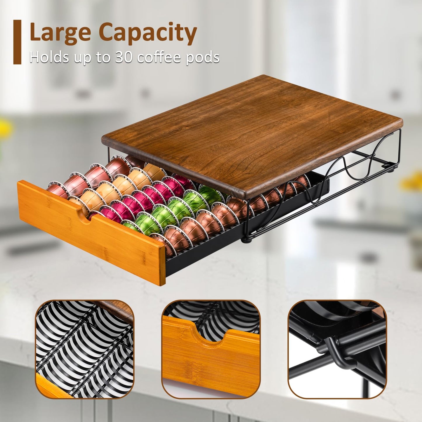 Vertuo Capsule Holder Drawer for Nespresso With Elegant Wood Top (50 Pods)