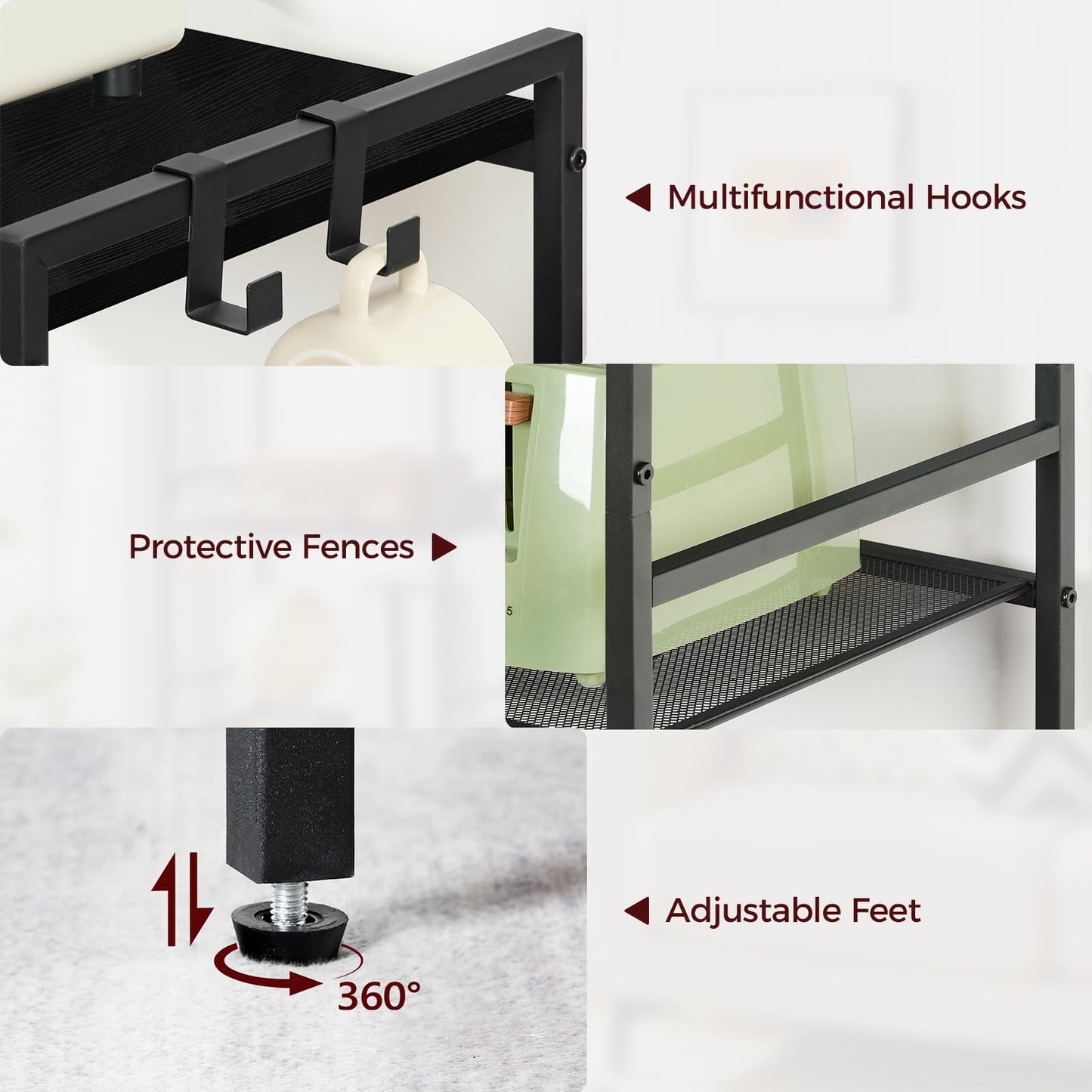 MAHANCRIS Bakers Rack with Power Outlet, Microwave Stand with Hooks, Multifunctional Storage Rack, Coffee Bar with Enclosure, Kitchen Storage Shelf, for Kitchen, Dining Room, Black BRHB40E01