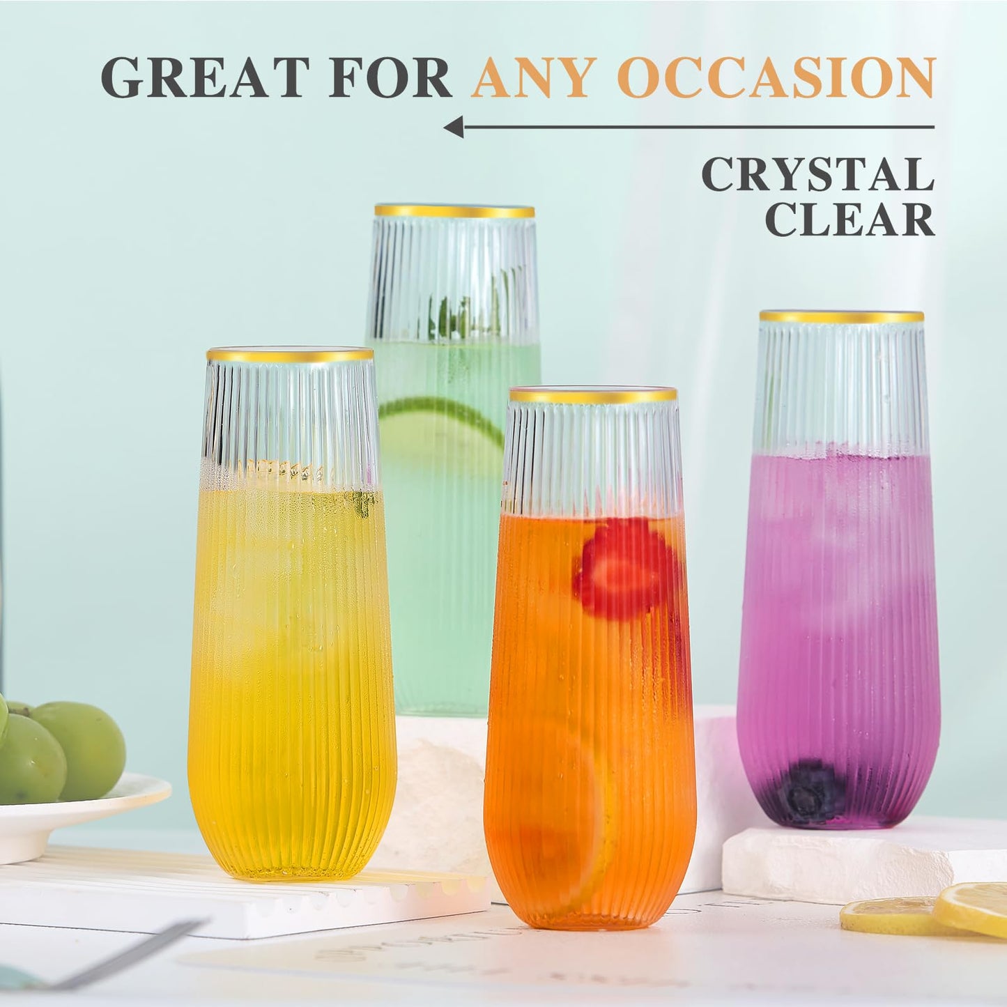 Lueumxc 48 Pack Plastic Champagne Flutes, 9 Oz Ribbed Stemless Disposable Gold Rim Plastic Toasting Glasses Shatterproof Recyclable and BPA-Free Perfect For Wedding