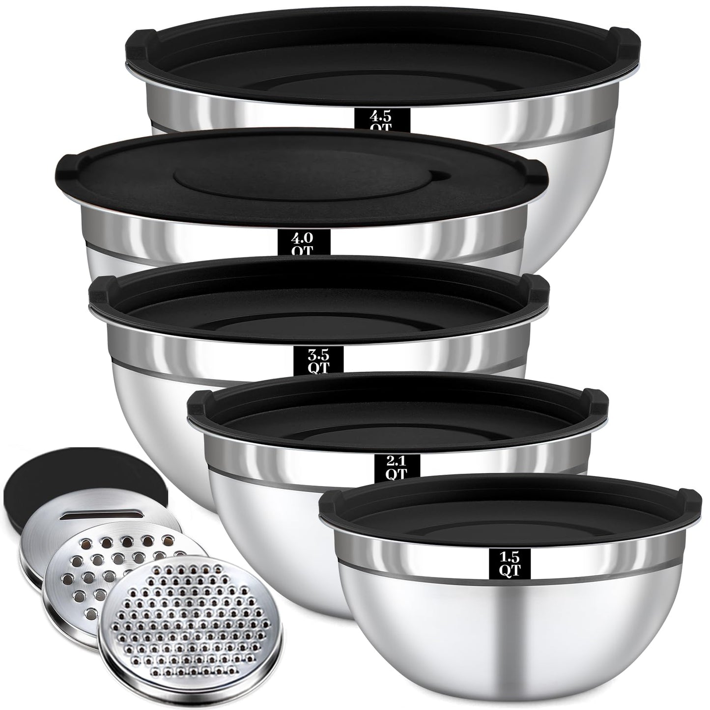 Boskermeal 8PCS Mixing Bowls with Lids Set - 5 Nesting Mixing Bowls, 3 Grater Attachments, Lids, Stainless Steel Mixing Bowls for Mixing & Serving, Size 1.5/2.1/3.5/4/4.5 QT, Black