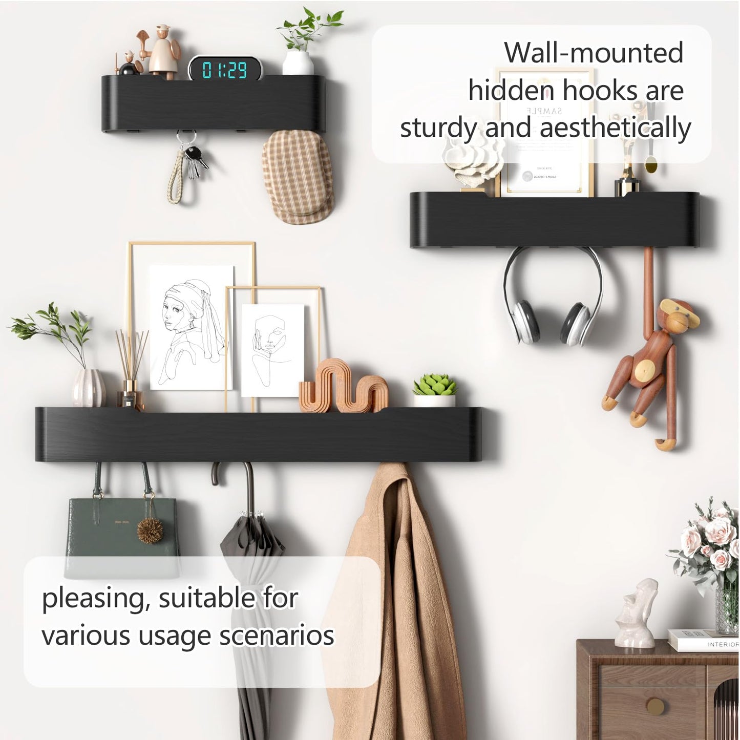 Jadoxy Coat Rack Wall Mount with Shelf 5 Hidden Hooks Modern Wooden Key Holder Entryway Organizer for Hallway Bedroom Bathroom Home Decor Storage for Hanging Coats Hats Bags Towels, Black