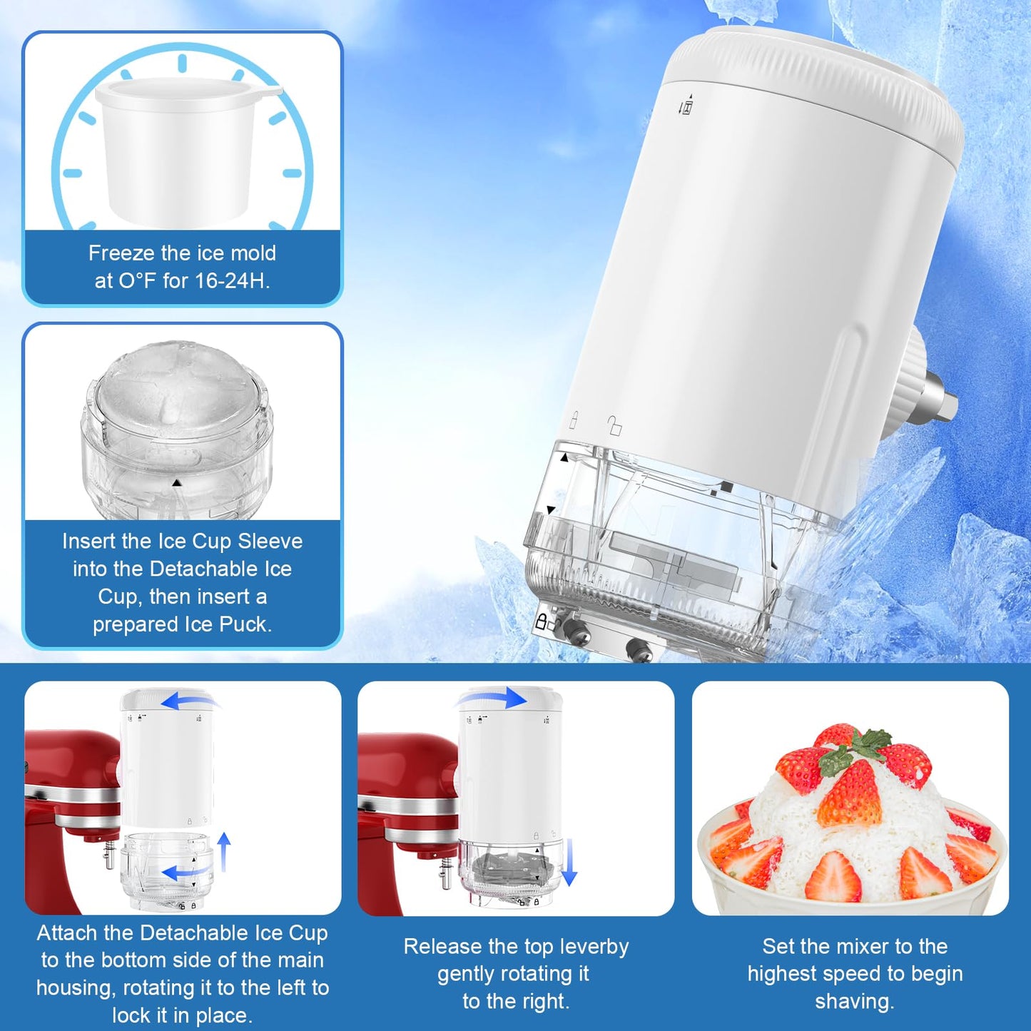 Shaved Ice Attachment for KitchenAid Stand Mixers with 8 Ice Molds, Ice Shaver Attachment, Snow Cone Attachment/Maker with Coarse and Fine Blades