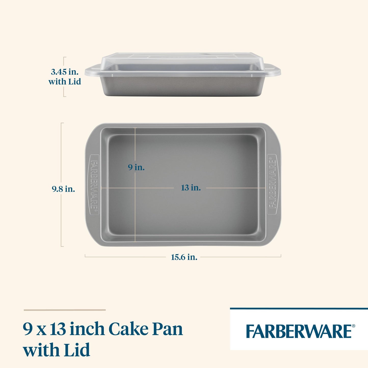 Farberware Nonstick Bakeware Rectangular Cake Pan with Lid, Cake Pans For Baking, 9-Inch x 13-Inch, Gray