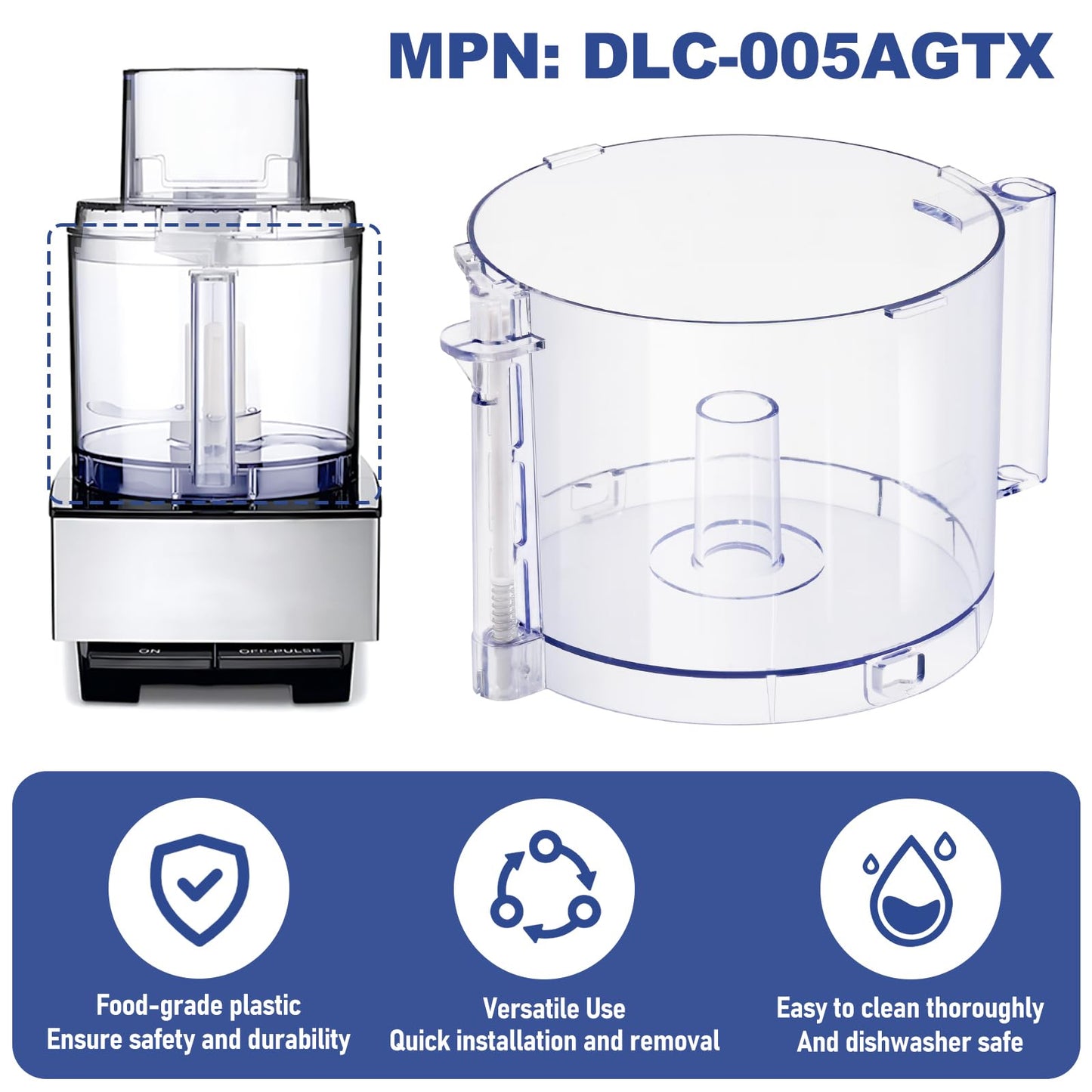 Top with 4 Locking Tabs DLC-005AGTXT1 Food Processor Work Bowl Replacement with Handle 14-Cup Compatible With Cuisinart DFP-14,Fits DFP-14NWBCT1 Work Bowl Cover