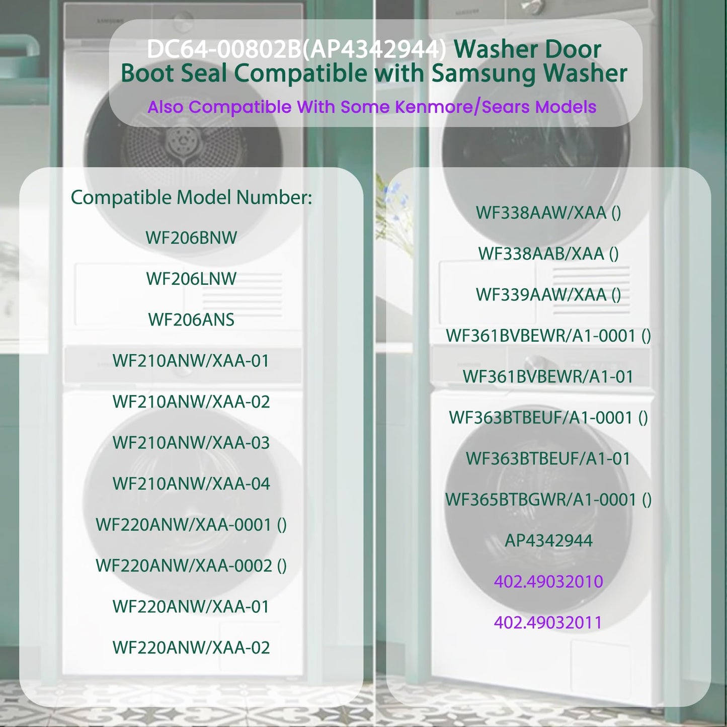 DC64-00802B Washer Door Boot Seal Gasket Diaphragm for Samsung Washing Machine WF210ANW/XAA WF218ANW/XAA WF220ANW/XAA WF331ANW/XAA WF328AAW/XAA Replaces DC64-00802A AP4342944/P4205725 PS4210920