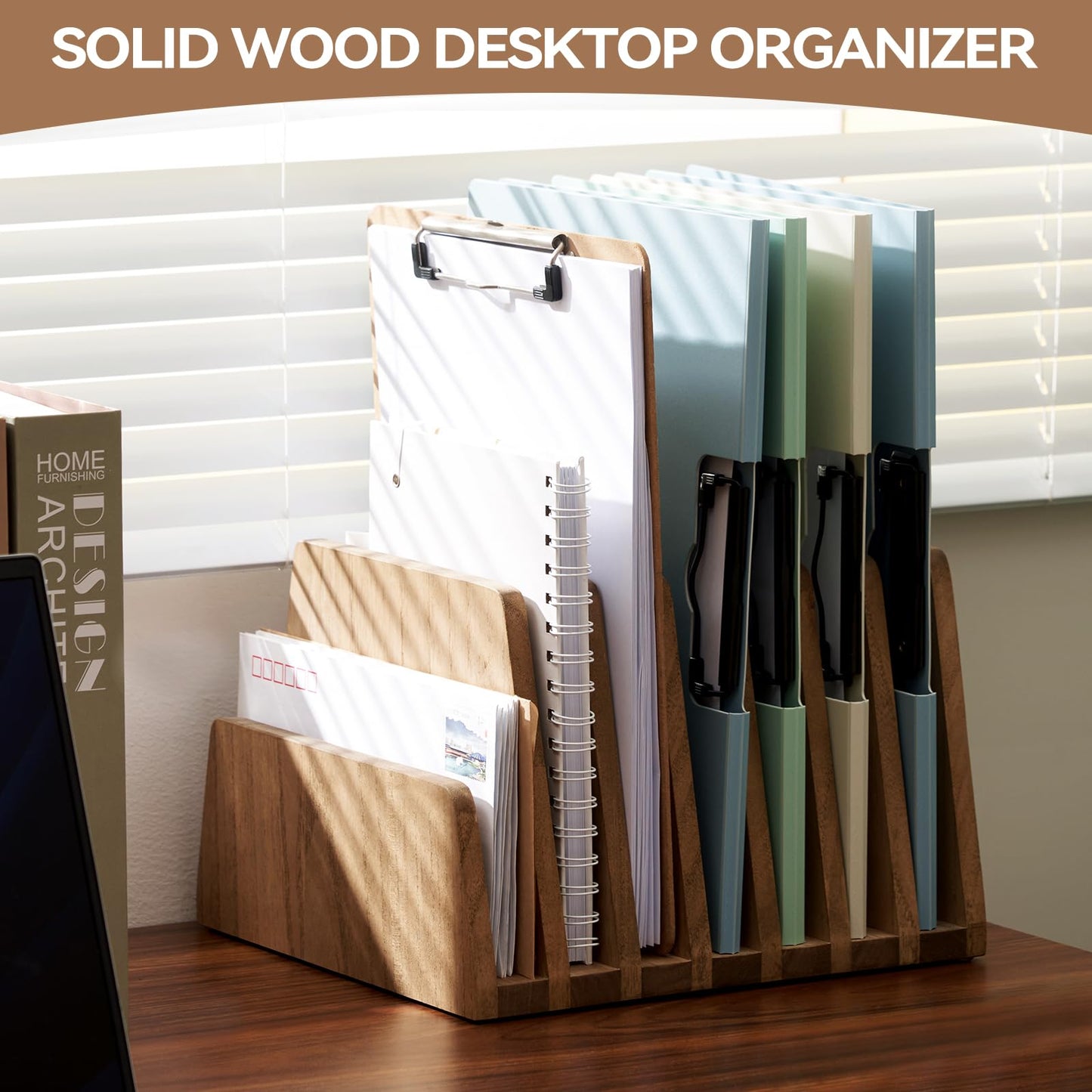 KIRIGEN Wooden Desk Mail Organizer, 7-Slot File Holder and Letter Sorter Wood Document Hlder for Mail, Folders, Bills, Papers, Home Office, Classroom, Countertop, No Assembly Brown 7KWJJ-DBR