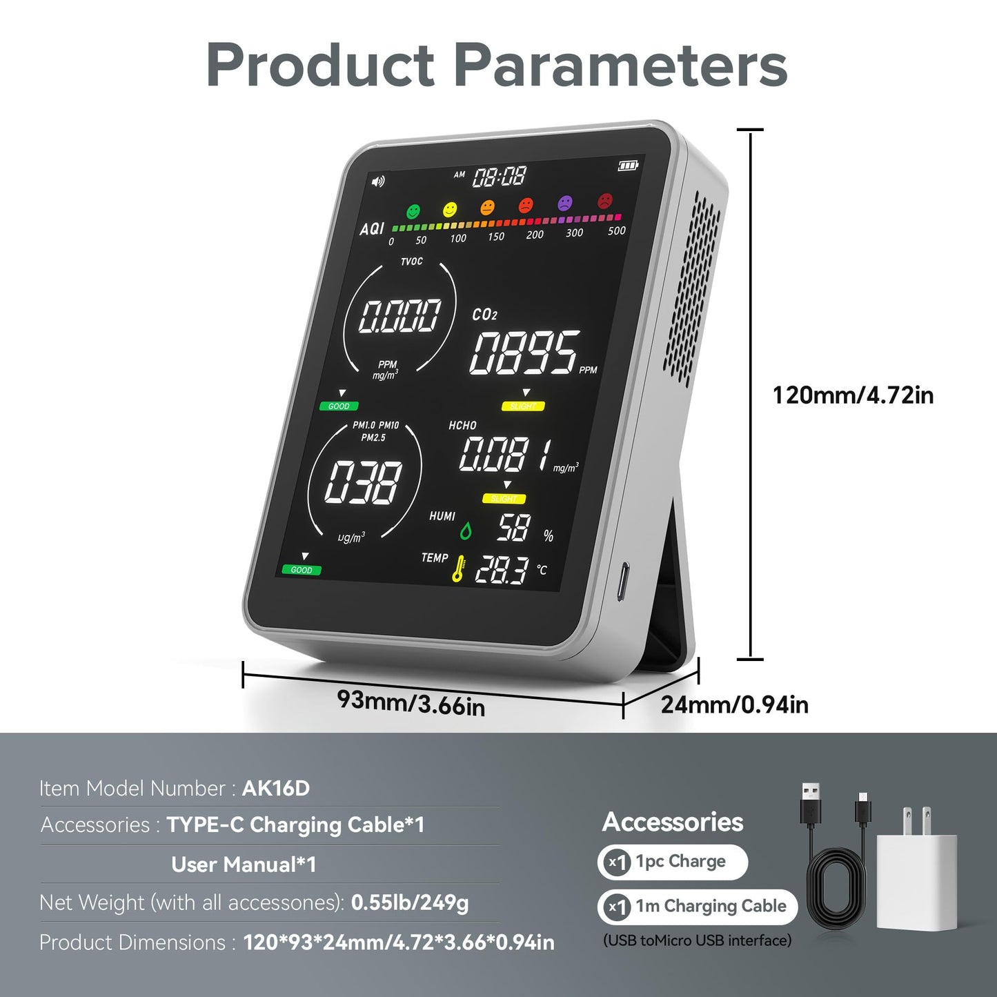 16 in 1 Air Quality Monitor Indoor-Portable Indoor Air Quality Meter with 7AQI Beep Alarm,for CO2,HCHO,TVOC,PM2.5, PM1.0,PM10,AQI,Temperature,Humidity & Time Display (Grey)