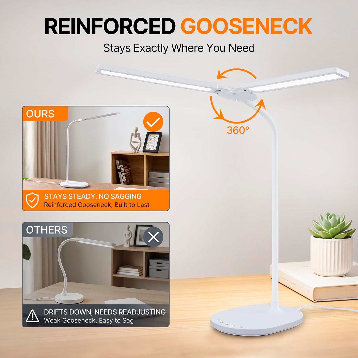 G Keni LED Desk Lamp with 180° Foldable Shade, 2400 Lux Bright Adjustable Desk Lamp, 360° Gooseneck, 5 Color Modes Stepless Dimming, Auto Off Timer, Modern Office Desk Lamp for Home Study Workbench