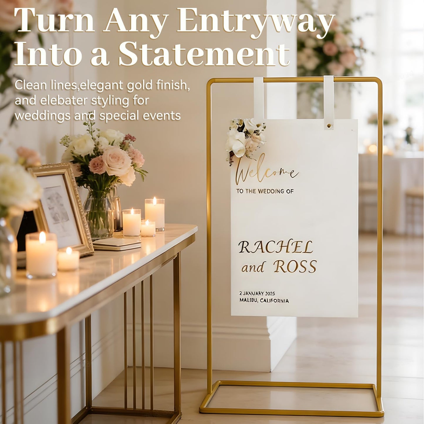 ReePlan Wedding Welcome Sign Stand 68 x 31 x 20 Inch Adjustable Wedding Sign Holder with 8 Leather and Water Bags Heavy Duty Easel for Poster, Baby Bridal Shower, Bridal Shower, Seating Chart, Gold