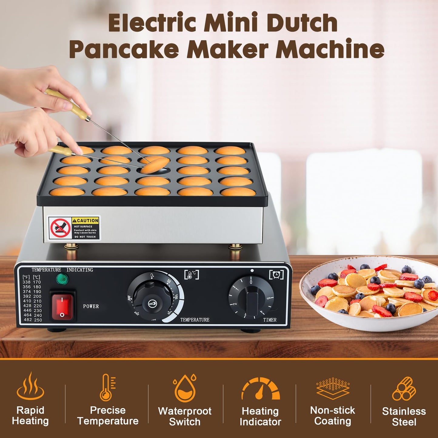 YODHOSA Commercial Mini Dutch Pancake Maker,25PCS Dorayaki Maker,Non-stick Dutch Poffertjes Grill,Stainless Steel Muffin Waffle Maker,Electric Hotcakes Machine for Breakfast,Snacks,Desserts