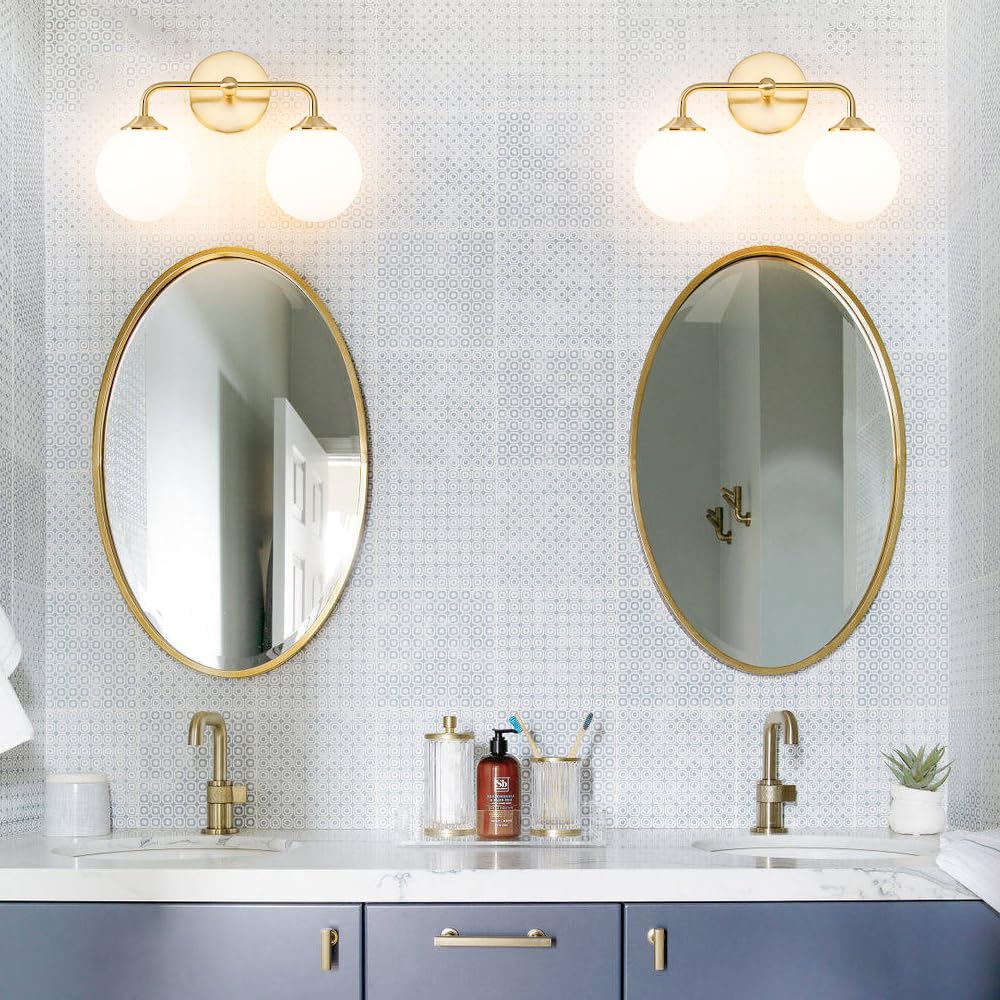 Modern Gold 2-Lights Bathroom Light Fixtures, Brass Vanity Light with Milky White Globe Glass Shade, Elegant Vanity Light Fixtures over Mirror, Wall Sconce Light for Bathroom, Mirror, Dressing Table