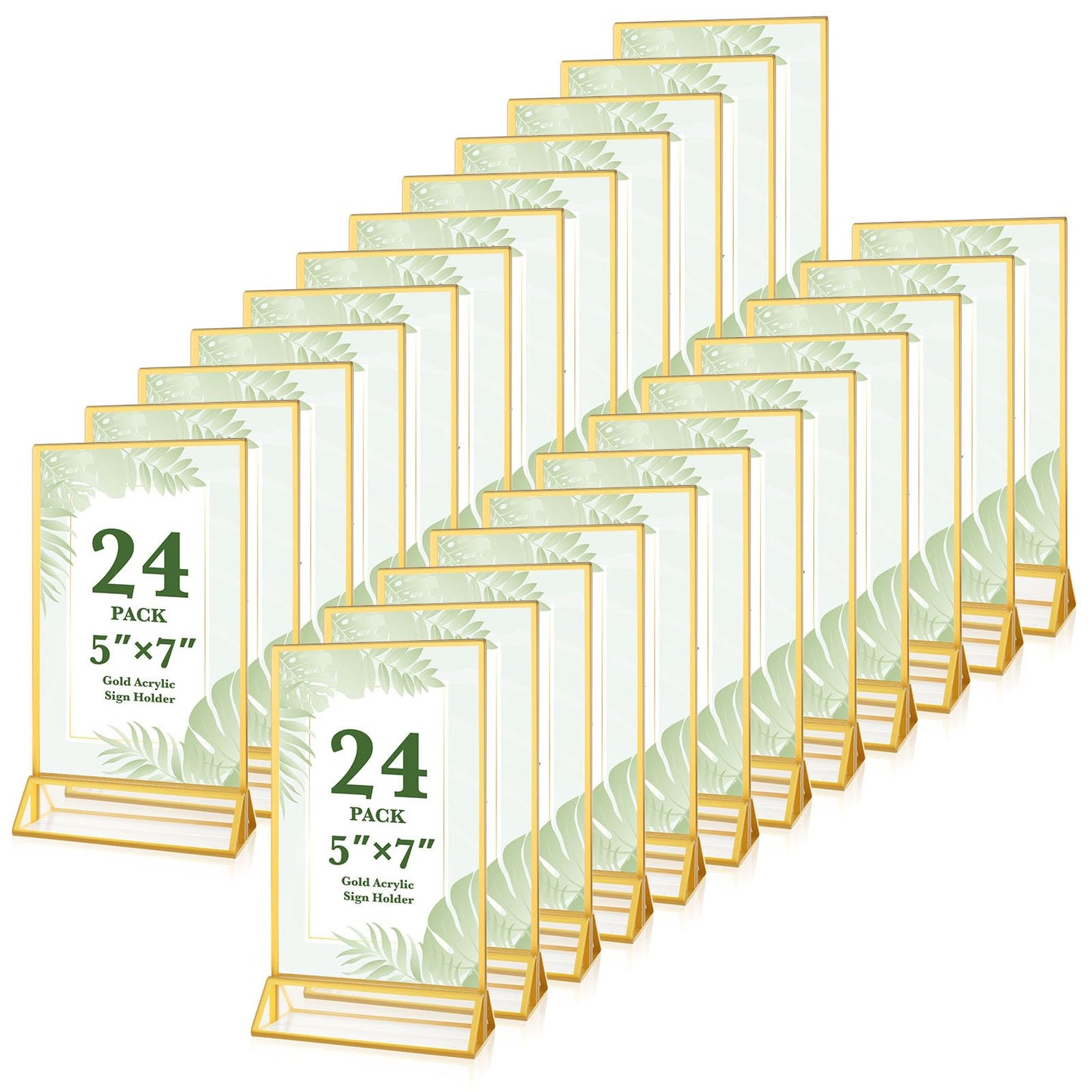 Alffun 24 Pack 5x7 Gold Acrylic Sign Holders, Double Sided Picture Frame Stands, Clear Table Menu Holder Display Stand for Wedding Table Numbers, Restaurant Signs, Party, Office Photos