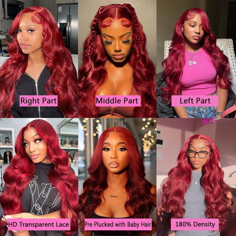 13X6 Burgundy Lace Front Wigs Human Hair 180% Density Body Wave Red Wig Human Hair Pre Plucked 12A Brazilian Virgin Hd Lace Frontal 99J Human Hair Wig Natural Hairline With Baby Hair(Burgundy, 24inch)