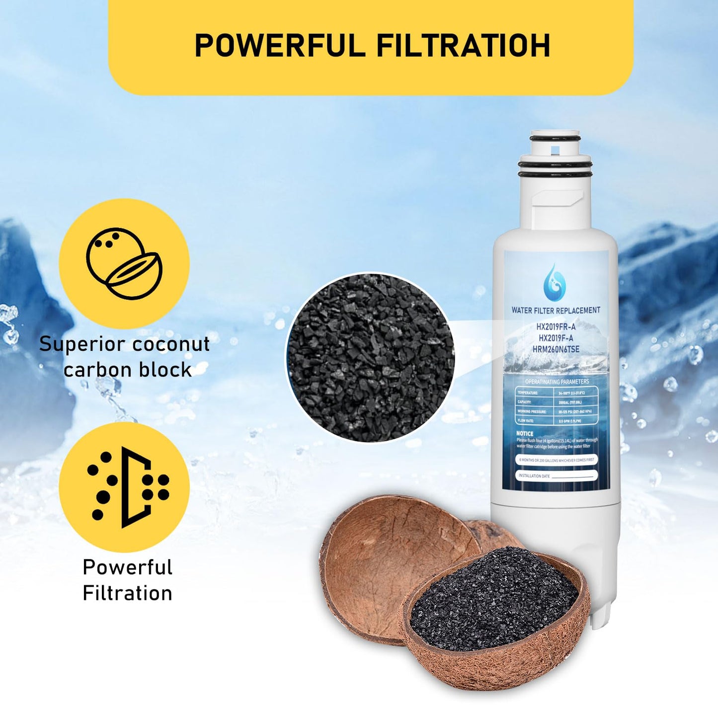 HX2019F-A HX2019FR-A Water Filter Replacement, Compatible With Hisense HRM260N6TSE, HRFD560SW, HRCD585BW, HRFD634BW, HRCD650BW, HRCD586TBWB and Mora MRM260N6TSE 2 Pack