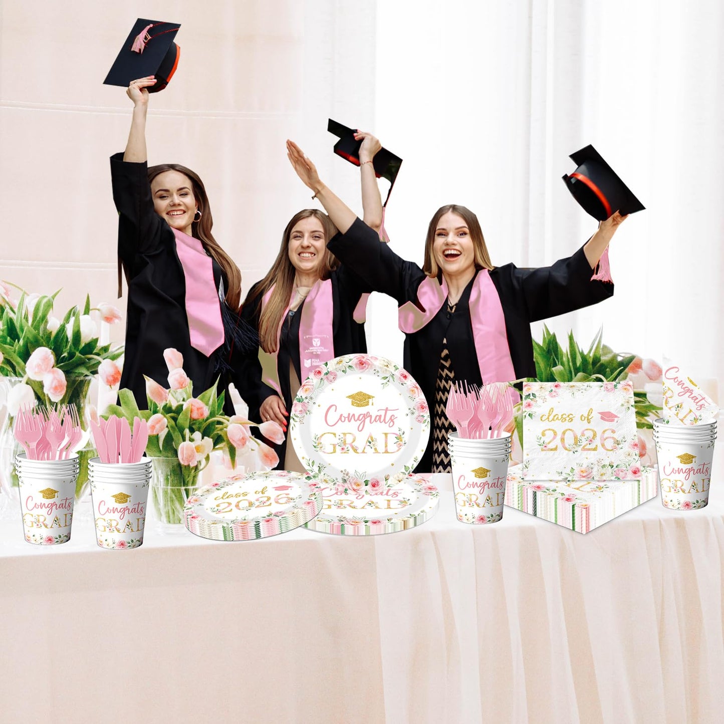 Class of 2026 Graduation Party Supplies,150Pcs Floral Congrats Grad Party Plates and Napkin Pink Gold Floral Graduation Theme Tableware for Class of 2026 Congrats Grad Party Serve 25