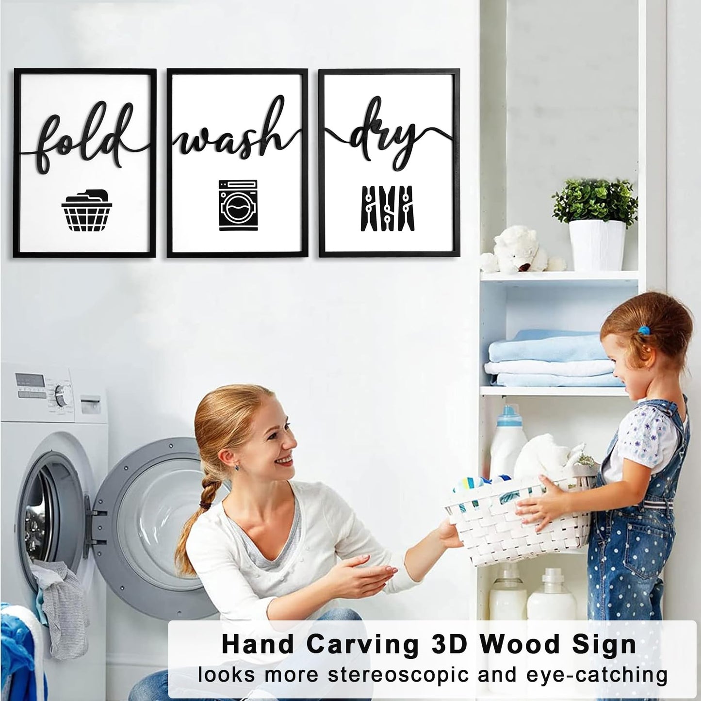 3D Wood Laundry Room Wall Decor, 36" x 16" Framed Laundry Room Wall Art, 3D Laundry Signs for Room Decor (Ready to Hang, Set of 3, Framed)