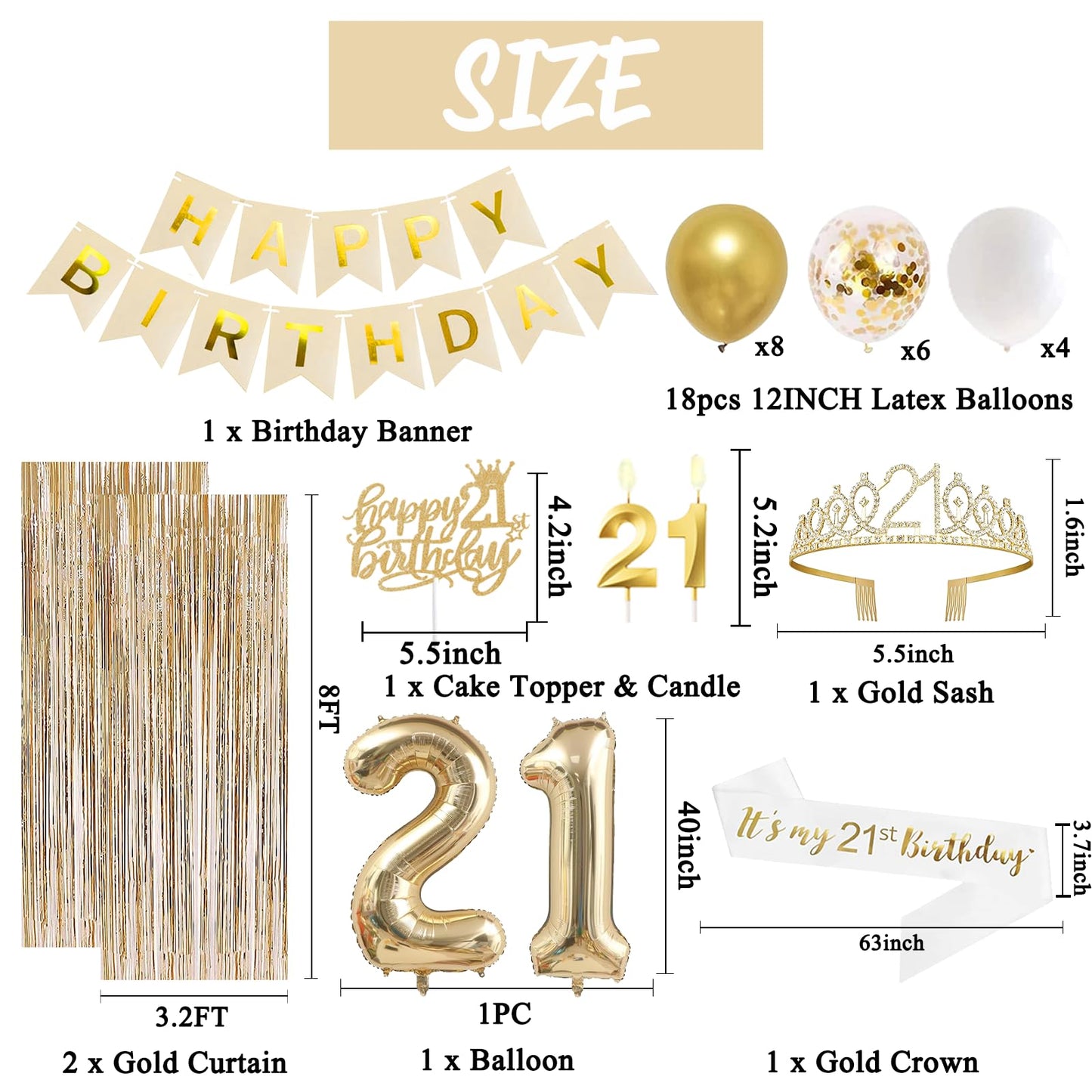 Trgowaul 21st Birthday Decorations for her, Champagne Gold Happy 21st Birthday Supplies for Girls, 21 Sash and Crown, Banner, Fringe Curtains, Cake Topper, 21 Year Old Party Supplies Set