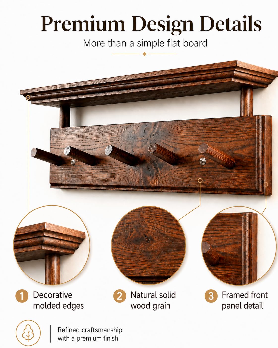 Matías Coat Rack Wall Mount with Shelf, 18 Inch Solid Wood Peg Rail, Wall Mounted Coat Rack with 5 Hooks, Wall Mount Shelf for Entryway, Bathroom or Bedroom (Walnut)