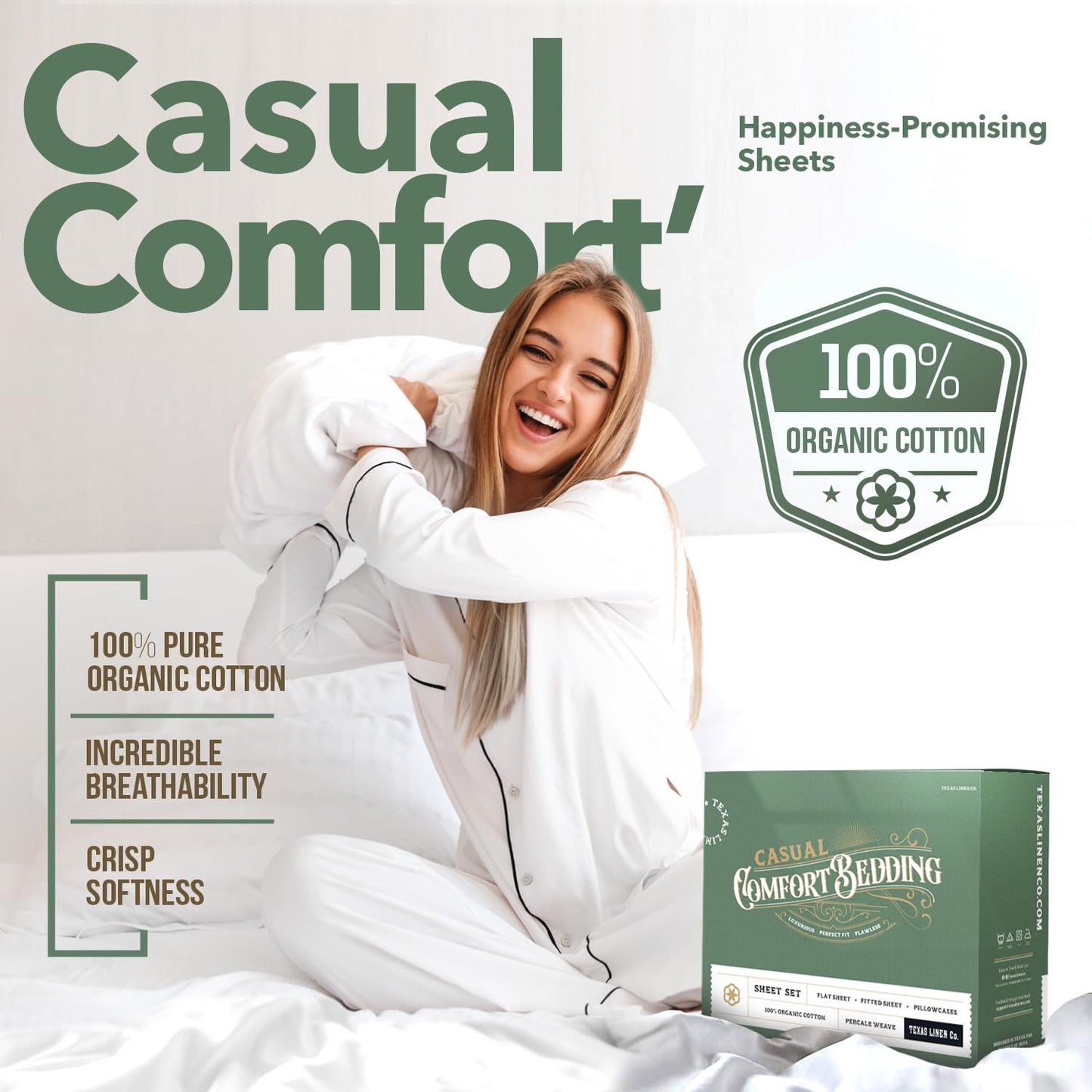 TEXAS LINEN CO. 100% Organic Cotton Percale Sheets King Size - 4 PC White Organic Sheets King Set, Soft, Crisp & Cooling, Fully Elasticized 16" Deep Pocket Hotel Bedsheet Set - GOTS Certified