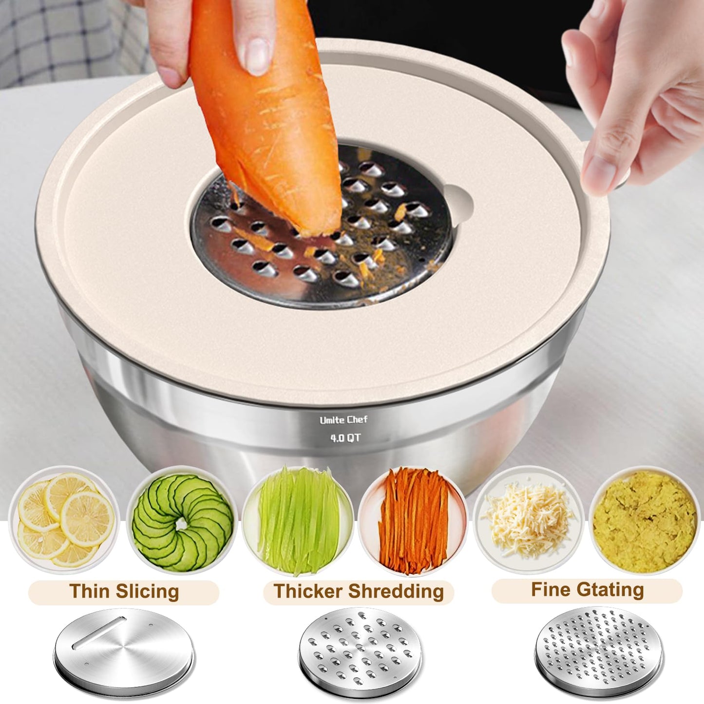 Umite Chef Mixing Bowls with Airtight Lids Set, 8PCS Stainless Steel Nesting Bowls with Grater Attachments, Non-Slip Bottoms, 5, 4, 3.5, 2, 1.5QT for Mixing & Serving