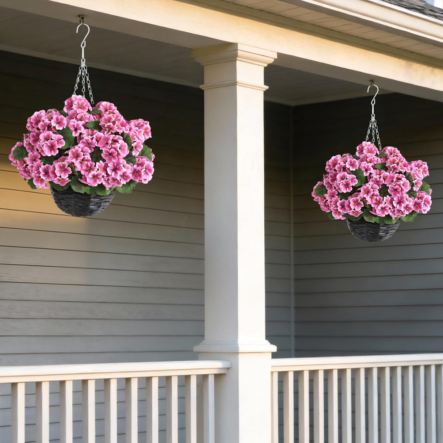 GLIDLION 2 Set Artificial Geraniums Flowers with Hanging Baskets for Outdoors - Sun Resistant Silk with Geranium Flowers, Fake Hanging Planters for Front Porch Garden Patio Home Decor (Pink)