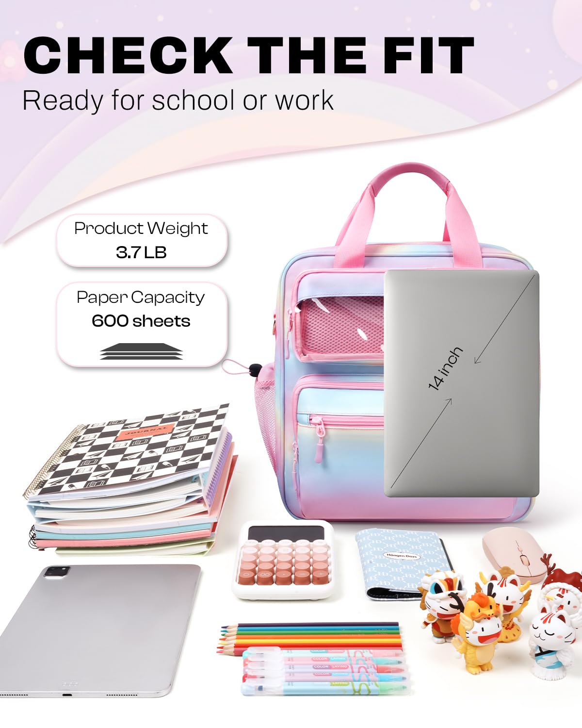 Zipper Binder 3 Ring with Ita Window, 3 Inch Binder with Zipper D-Ring Fits 14 in Laptop, 3-in-1 Shoulder/Backpack/Handle 600 Sheets Capacity for School & Office – Pink Blue